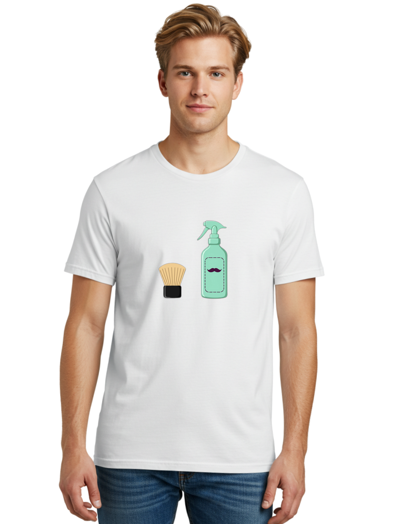 Shaving-Brush-And-Spray-Bottle Men'S Graphic Tee, 100% Cotton, Comfortable Casual Summer Wear, Machine Washable, Shaving Brush, Shaving Kit, Mustache Grooming, Men'S Grooming Products, Personal Care, Grooming Accessories, Shaving Essentials, Bad543