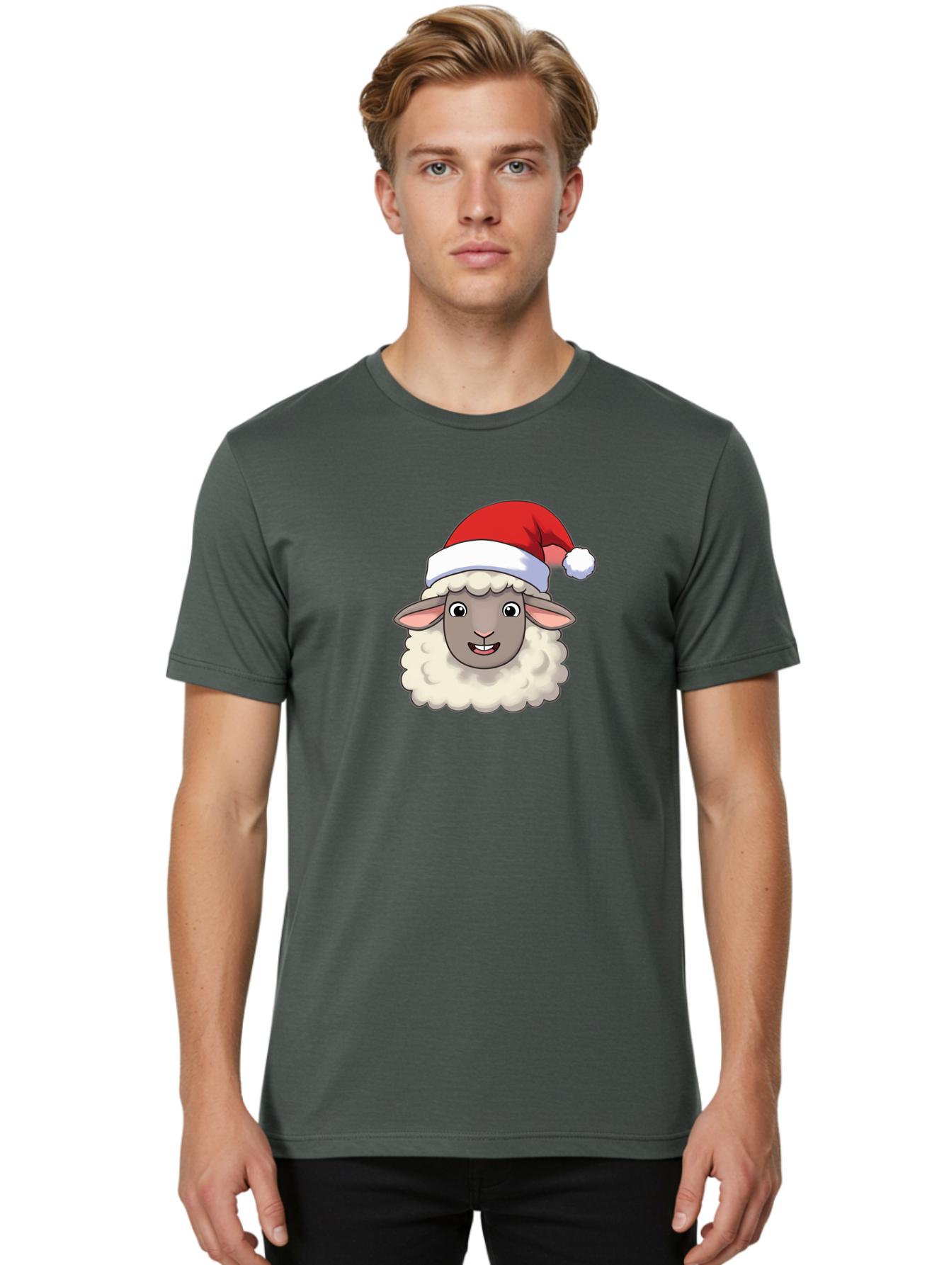 Sheep-In-Santa-Hat Men'S Graphic Tee, 100% Cotton, Comfortable Casual Summer Wear, Machine Washable, Cartoon Sheep, Santa Hat, Festive Character, Holiday Cheer, Cute Animal, Fluffy Sheep, Christmas Theme, Fun Design, Playful Illustration, Bad550