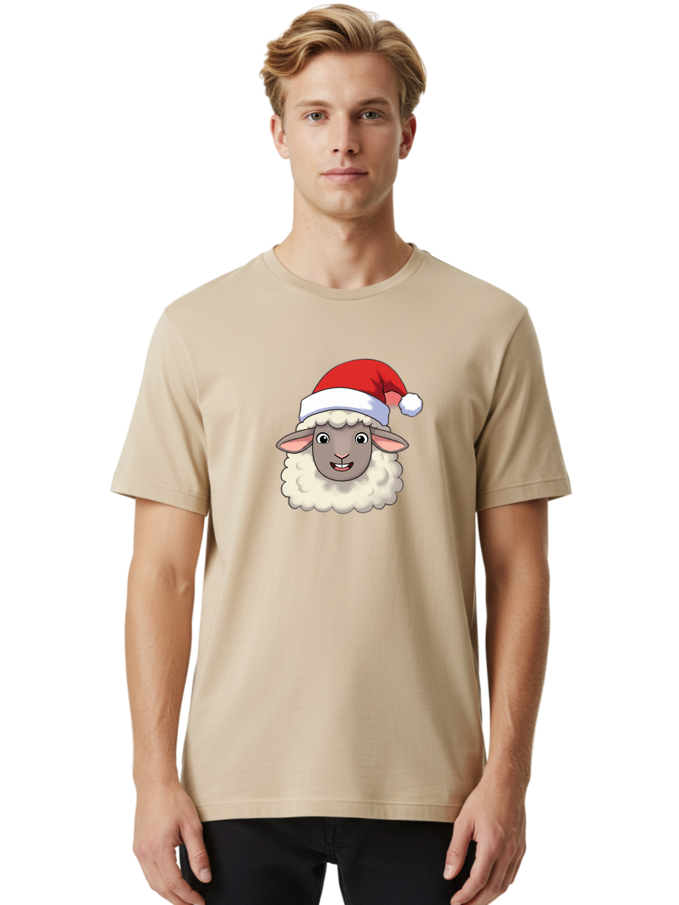 Sheep-In-Santa-Hat Men'S Graphic Tee, 100% Cotton, Comfortable Casual Summer Wear, Machine Washable, Cartoon Sheep, Santa Hat, Festive Character, Holiday Cheer, Cute Animal, Fluffy Sheep, Christmas Theme, Fun Design, Playful Illustration, Bad550