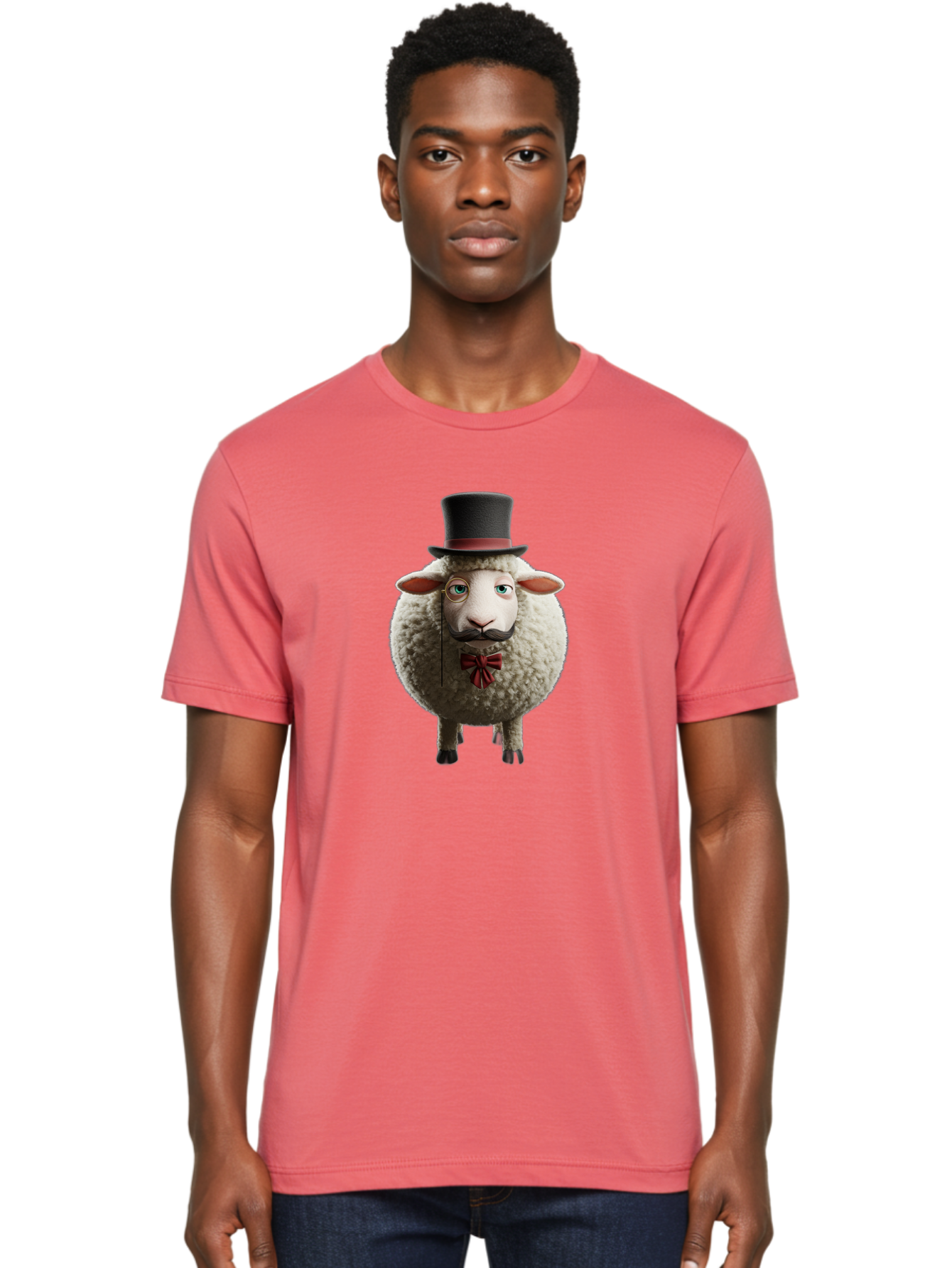 Sheep-In-Top-Hat-1 Men'S Graphic Tee, 100% Cotton, Comfortable Casual Summer Wear, Machine Washable, Sheep In A Top Hat, Cartoon Character, Funny Animal, Red Bow Tie, Black Mustache, Fluffy Sheep, Humorous Illustration, Whimsical Design, Bad552