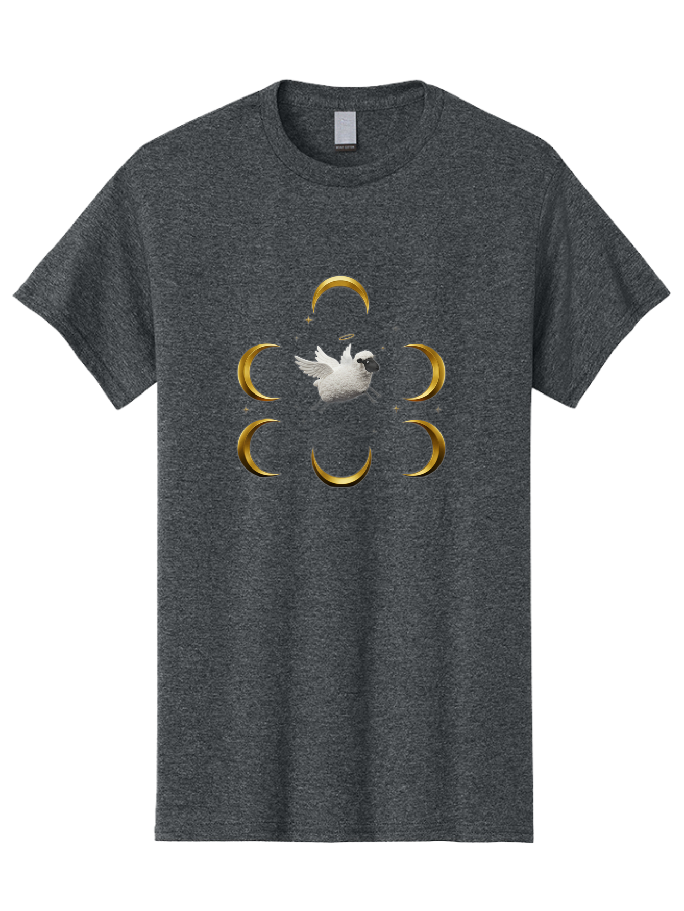 Sheep-Moon Men'S Graphic Tee, 100% Cotton, Comfortable Casual Summer Wear, Machine Washable, White Goose, Flying Goose, Golden Crescent Moons, Mystical Symbols, Spiritual Imagery, Surreal Art, Fantasy Elements, Dreamy Atmosphere, Bad554