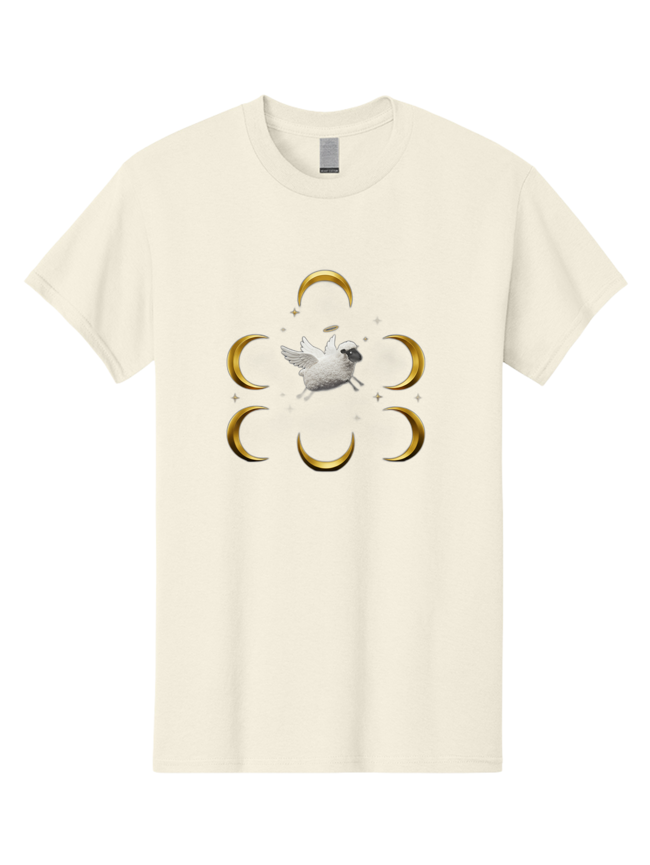 Sheep-Moon Men'S Graphic Tee, 100% Cotton, Comfortable Casual Summer Wear, Machine Washable, White Goose, Flying Goose, Golden Crescent Moons, Mystical Symbols, Spiritual Imagery, Surreal Art, Fantasy Elements, Dreamy Atmosphere, Bad554
