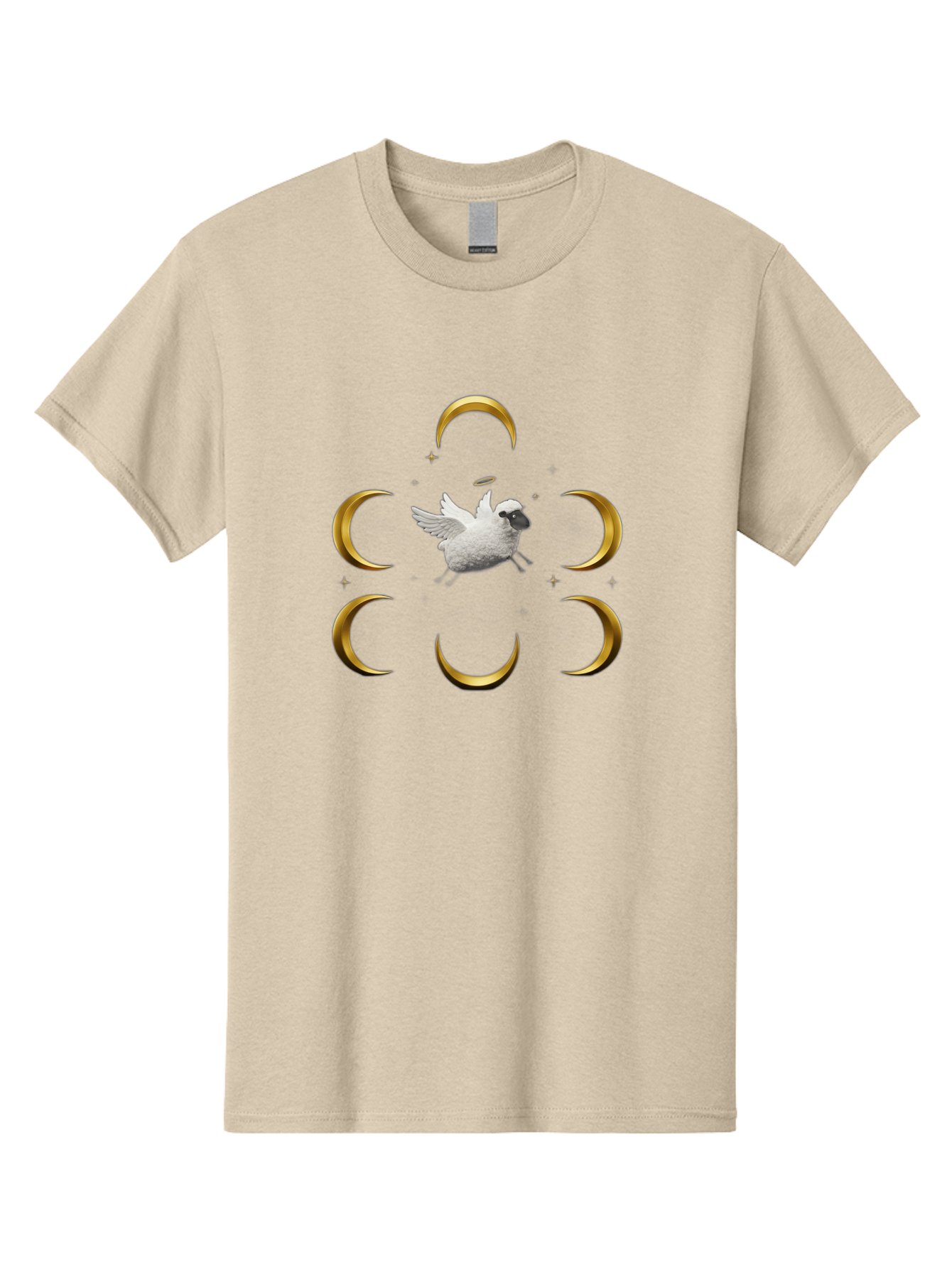 Sheep-Moon Men'S Graphic Tee, 100% Cotton, Comfortable Casual Summer Wear, Machine Washable, White Goose, Flying Goose, Golden Crescent Moons, Mystical Symbols, Spiritual Imagery, Surreal Art, Fantasy Elements, Dreamy Atmosphere, Bad554