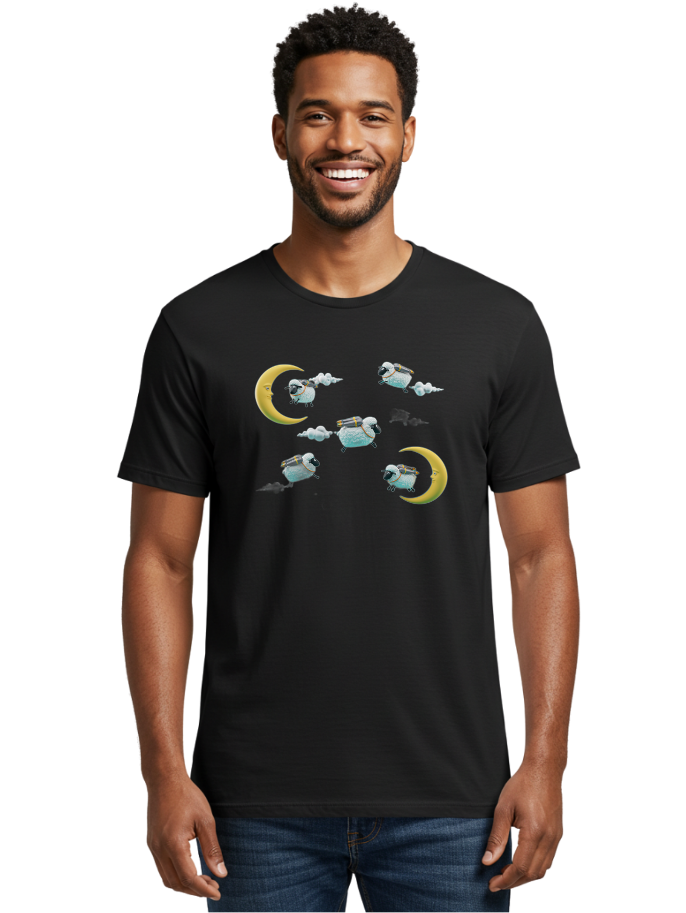 Sheep-On-Crescent-Moon-1 Men'S Graphic Tee, 100% Cotton, Comfortable Casual Summer Wear, Machine Washable, Sheep Flying On Clouds, Crescent Moon, Drums, Fun, Quirky, Cartoon Style, Fantasy Creatures, Playful Design, Dreamy Atmosphere, Bad555