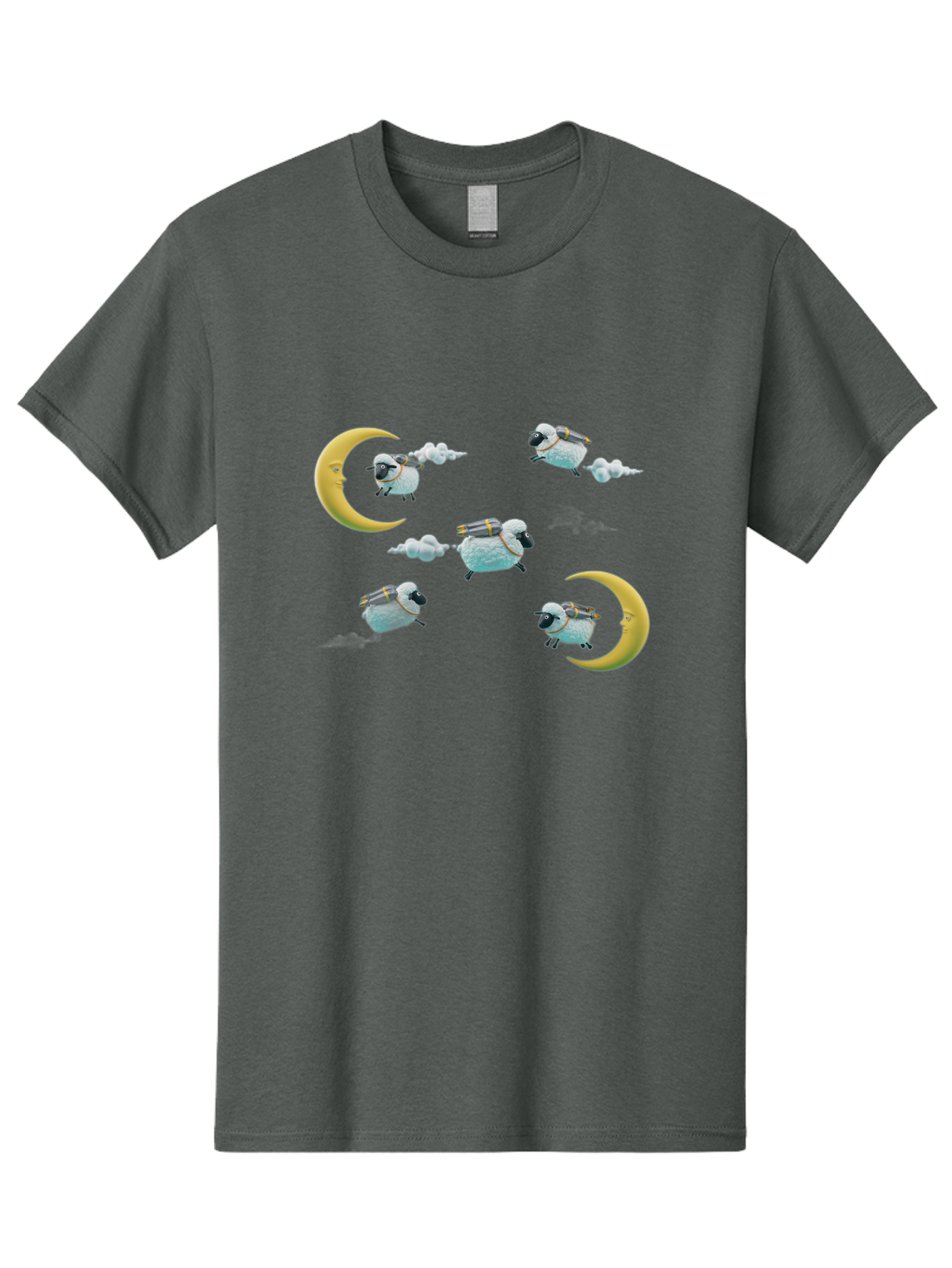 Sheep-On-Crescent-Moon-1 Men'S Graphic Tee, 100% Cotton, Comfortable Casual Summer Wear, Machine Washable, Sheep Flying On Clouds, Crescent Moon, Drums, Fun, Quirky, Cartoon Style, Fantasy Creatures, Playful Design, Dreamy Atmosphere, Bad555