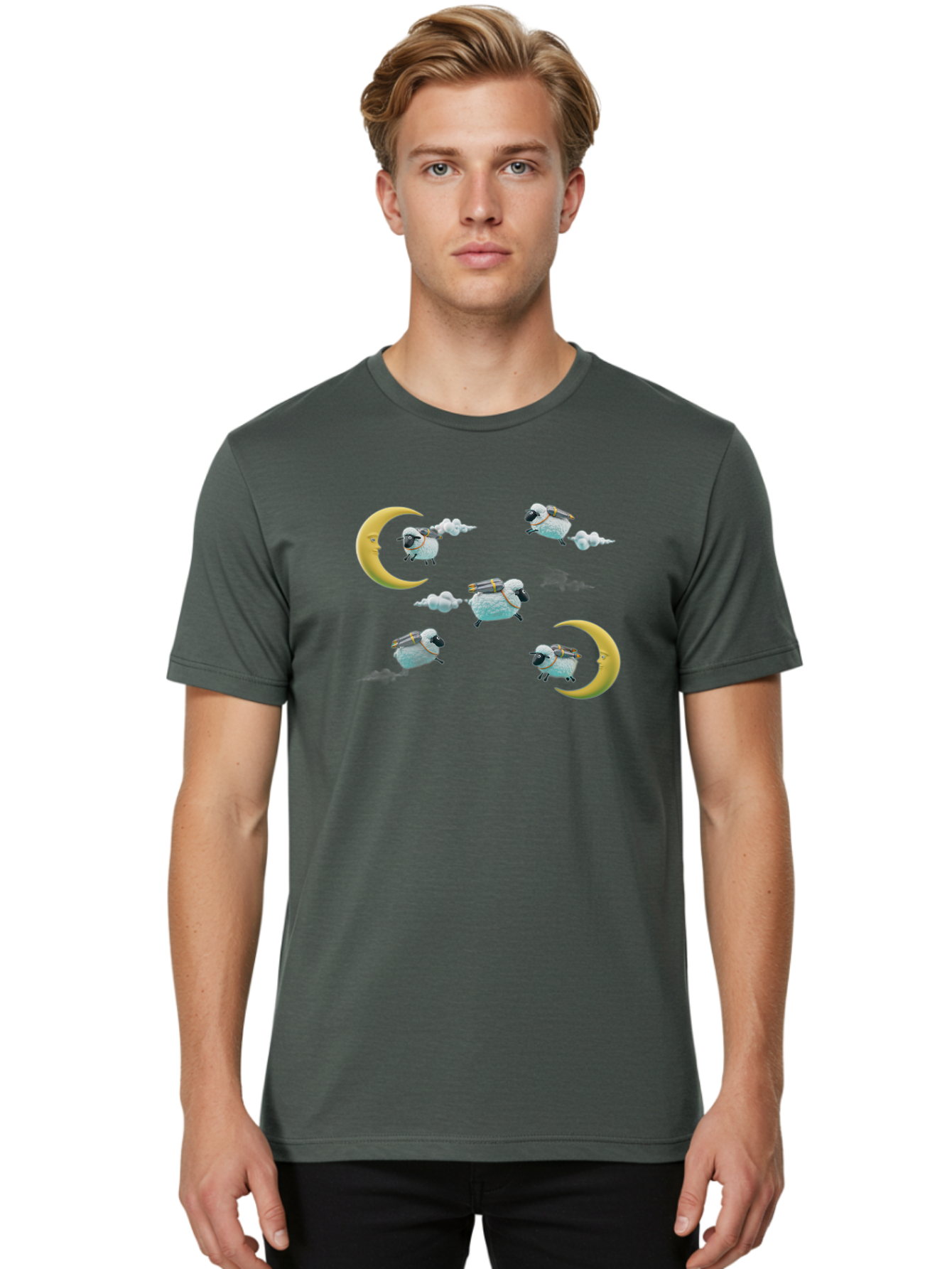 Sheep-On-Crescent-Moon-1 Men'S Graphic Tee, 100% Cotton, Comfortable Casual Summer Wear, Machine Washable, Sheep Flying On Clouds, Crescent Moon, Drums, Fun, Quirky, Cartoon Style, Fantasy Creatures, Playful Design, Dreamy Atmosphere, Bad555