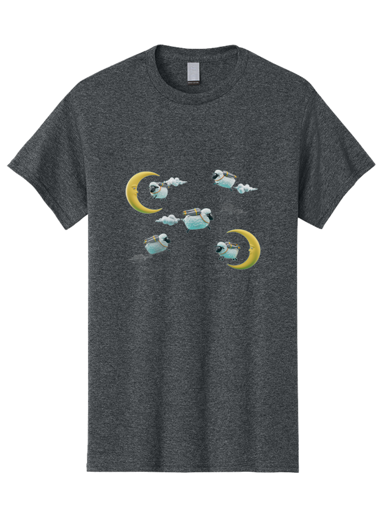 Sheep-On-Crescent-Moon-1 Men'S Graphic Tee, 100% Cotton, Comfortable Casual Summer Wear, Machine Washable, Sheep Flying On Clouds, Crescent Moon, Drums, Fun, Quirky, Cartoon Style, Fantasy Creatures, Playful Design, Dreamy Atmosphere, Bad555