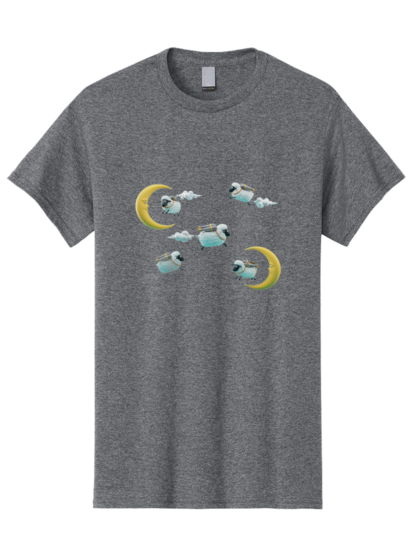 Sheep-On-Crescent-Moon-1 Men'S Graphic Tee, 100% Cotton, Comfortable Casual Summer Wear, Machine Washable, Sheep Flying On Clouds, Crescent Moon, Drums, Fun, Quirky, Cartoon Style, Fantasy Creatures, Playful Design, Dreamy Atmosphere, Bad555