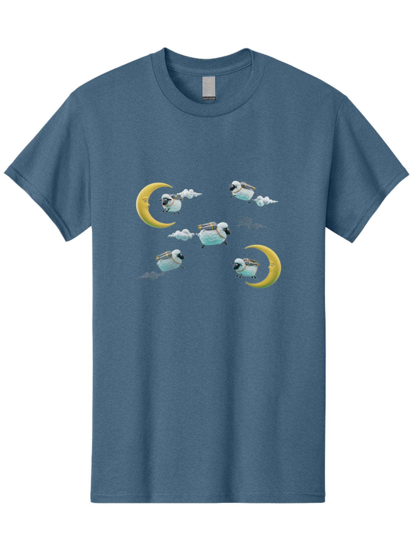 Sheep-On-Crescent-Moon-1 Men'S Graphic Tee, 100% Cotton, Comfortable Casual Summer Wear, Machine Washable, Sheep Flying On Clouds, Crescent Moon, Drums, Fun, Quirky, Cartoon Style, Fantasy Creatures, Playful Design, Dreamy Atmosphere, Bad555