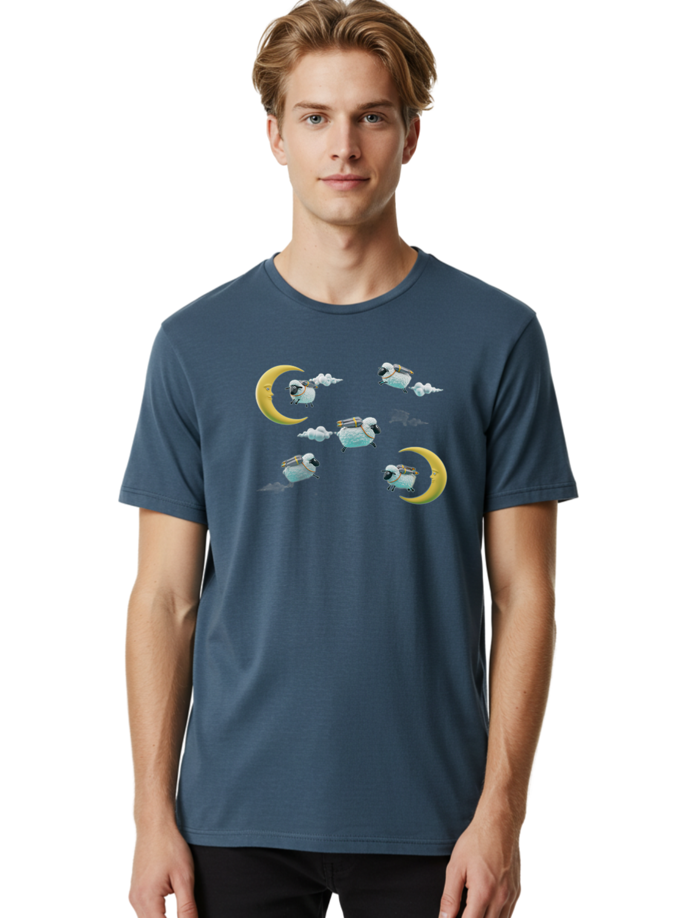 Sheep-On-Crescent-Moon-1 Men'S Graphic Tee, 100% Cotton, Comfortable Casual Summer Wear, Machine Washable, Sheep Flying On Clouds, Crescent Moon, Drums, Fun, Quirky, Cartoon Style, Fantasy Creatures, Playful Design, Dreamy Atmosphere, Bad555