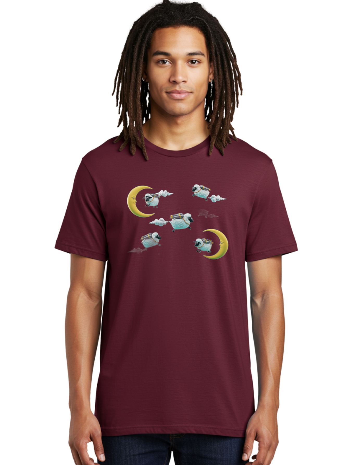 Sheep-On-Crescent-Moon-1 Men'S Graphic Tee, 100% Cotton, Comfortable Casual Summer Wear, Machine Washable, Sheep Flying On Clouds, Crescent Moon, Drums, Fun, Quirky, Cartoon Style, Fantasy Creatures, Playful Design, Dreamy Atmosphere, Bad555