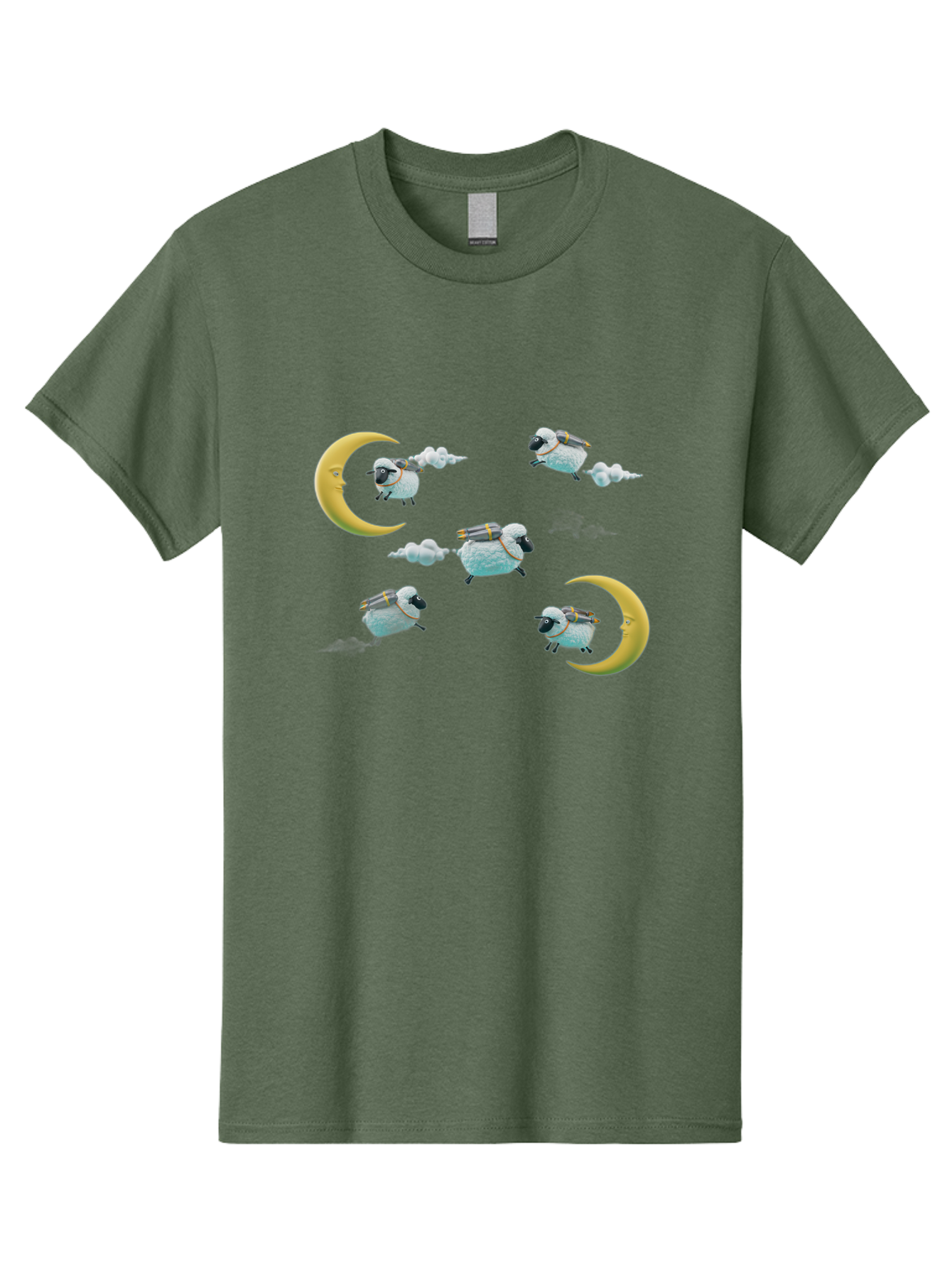 Sheep-On-Crescent-Moon-1 Men'S Graphic Tee, 100% Cotton, Comfortable Casual Summer Wear, Machine Washable, Sheep Flying On Clouds, Crescent Moon, Drums, Fun, Quirky, Cartoon Style, Fantasy Creatures, Playful Design, Dreamy Atmosphere, Bad555