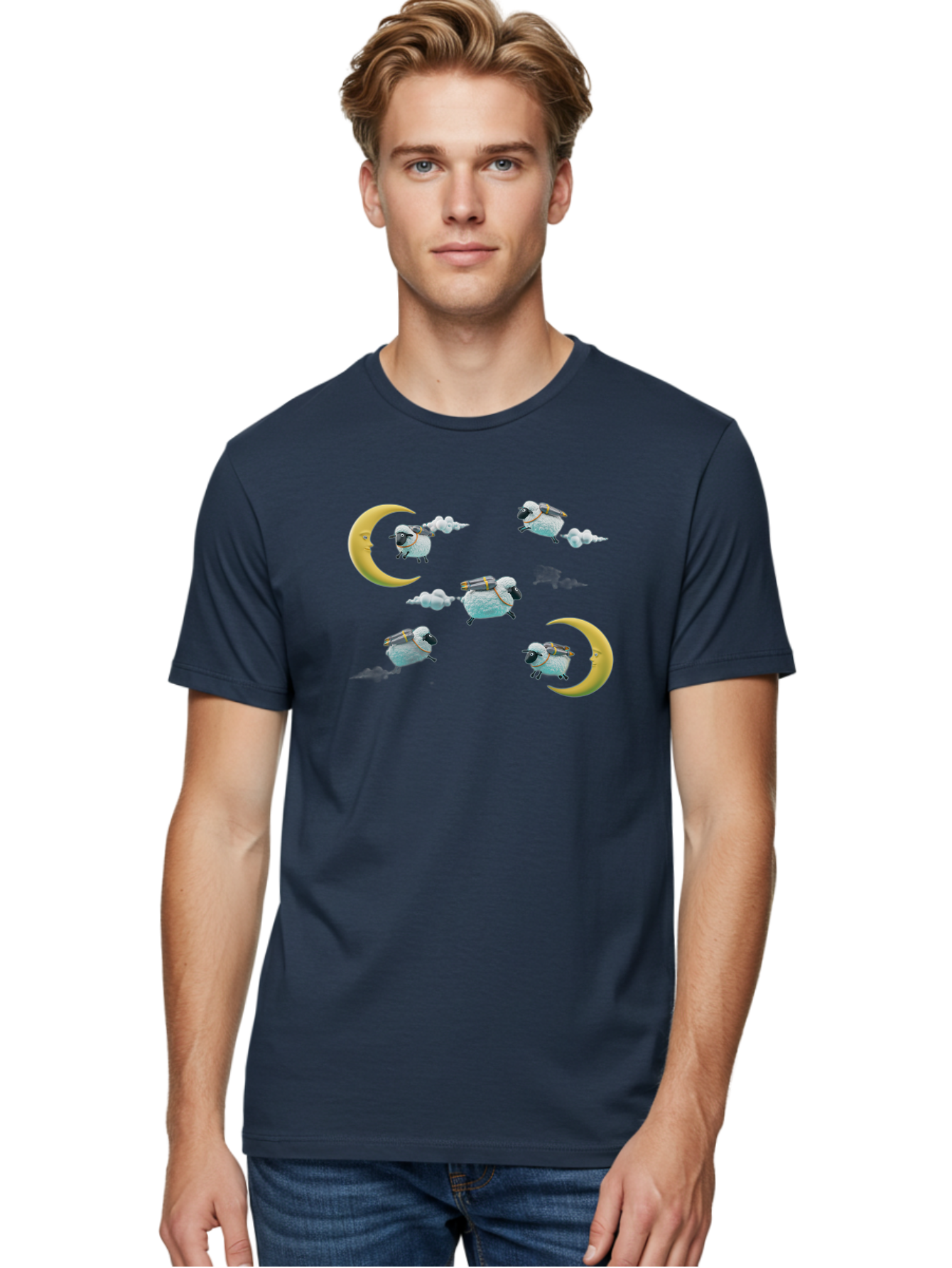 Sheep-On-Crescent-Moon-1 Men'S Graphic Tee, 100% Cotton, Comfortable Casual Summer Wear, Machine Washable, Sheep Flying On Clouds, Crescent Moon, Drums, Fun, Quirky, Cartoon Style, Fantasy Creatures, Playful Design, Dreamy Atmosphere, Bad555