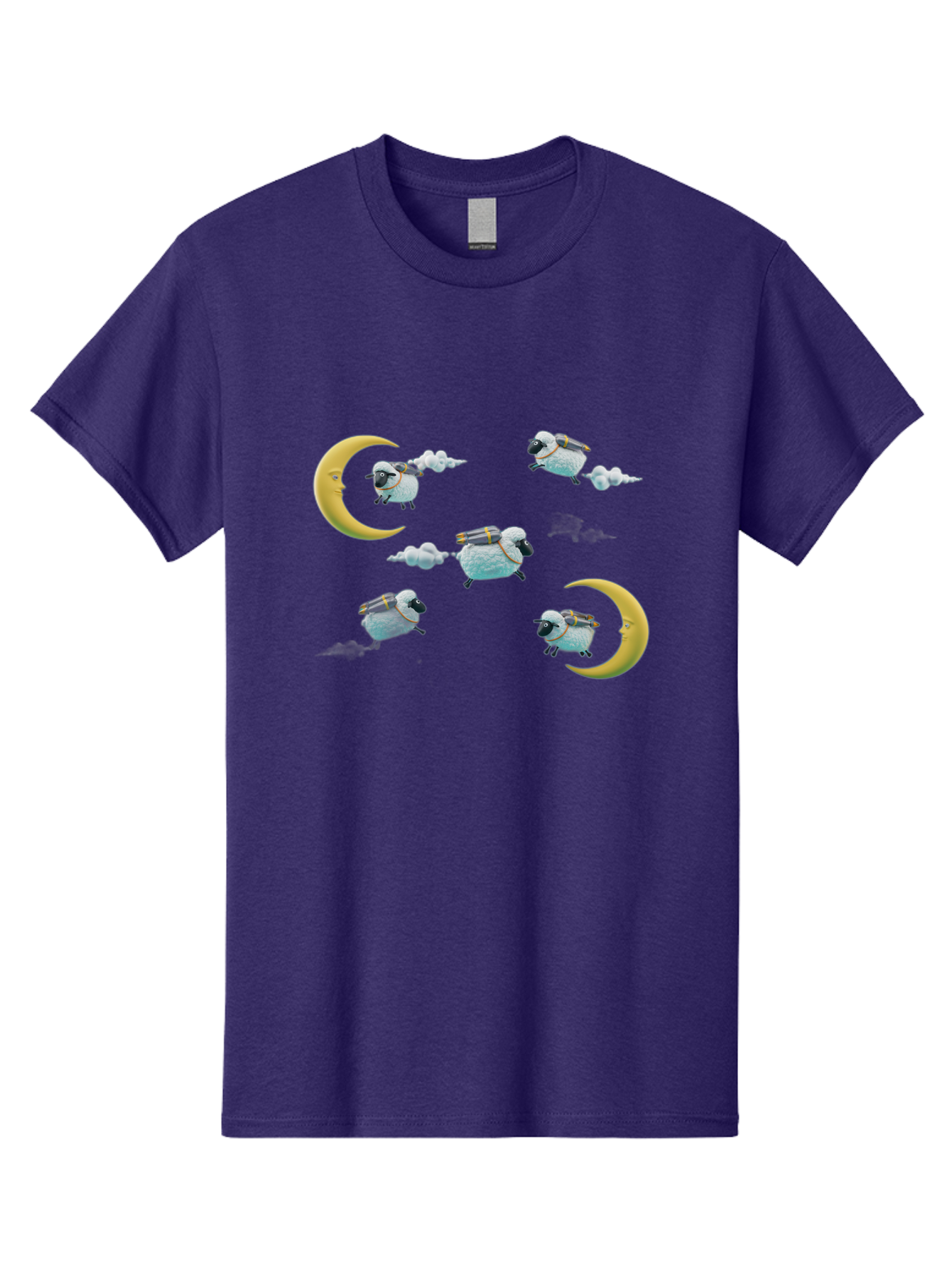 Sheep-On-Crescent-Moon-1 Men'S Graphic Tee, 100% Cotton, Comfortable Casual Summer Wear, Machine Washable, Sheep Flying On Clouds, Crescent Moon, Drums, Fun, Quirky, Cartoon Style, Fantasy Creatures, Playful Design, Dreamy Atmosphere, Bad555