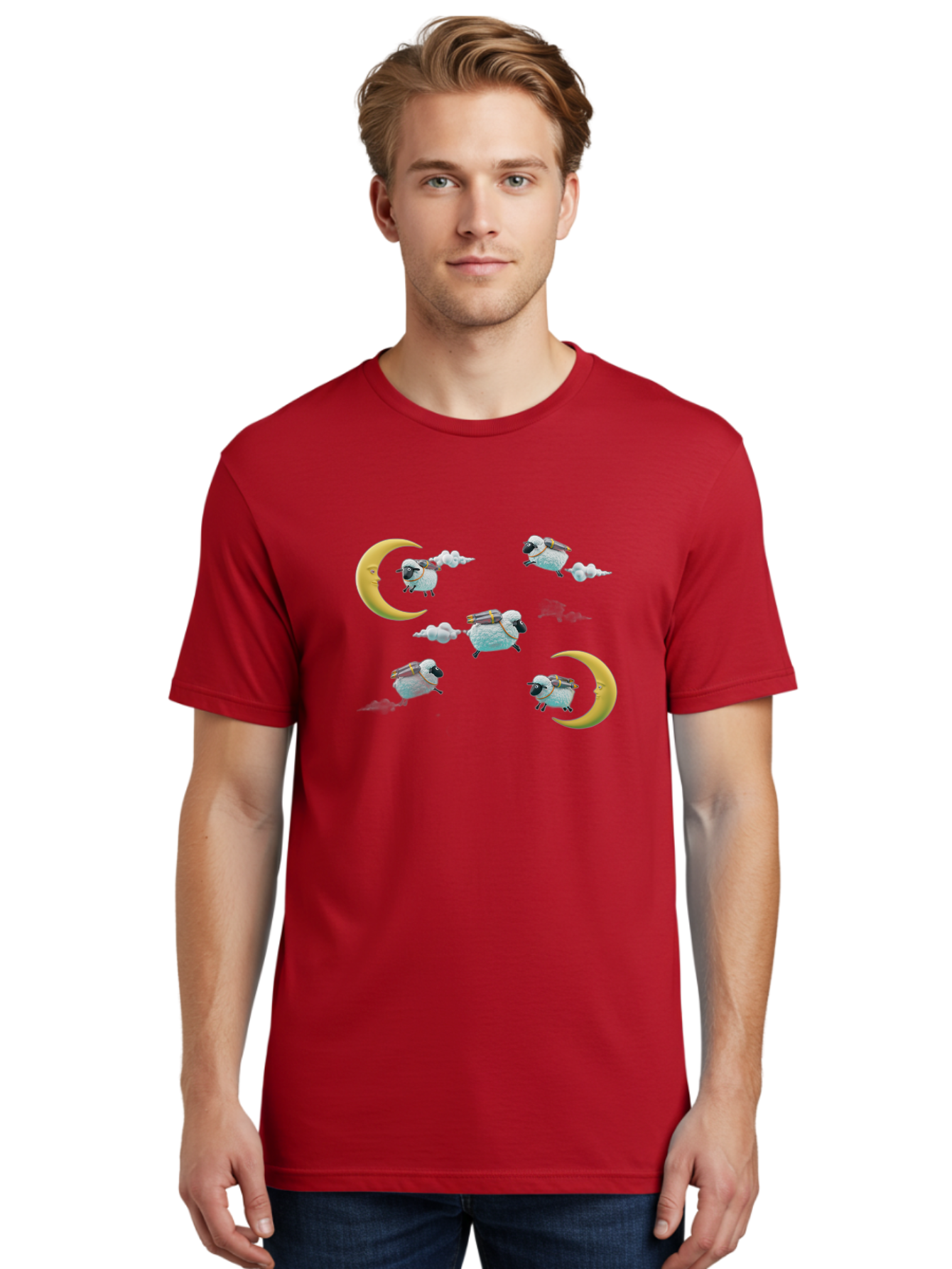 Sheep-On-Crescent-Moon-1 Men'S Graphic Tee, 100% Cotton, Comfortable Casual Summer Wear, Machine Washable, Sheep Flying On Clouds, Crescent Moon, Drums, Fun, Quirky, Cartoon Style, Fantasy Creatures, Playful Design, Dreamy Atmosphere, Bad555