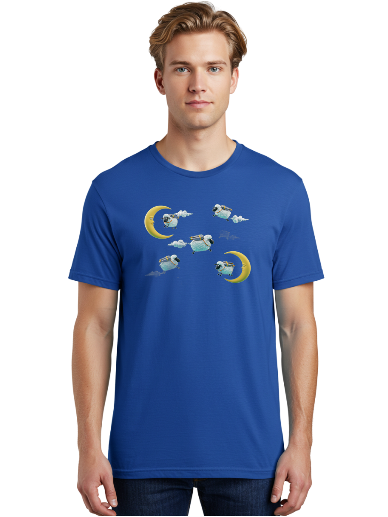 Sheep-On-Crescent-Moon-1 Men'S Graphic Tee, 100% Cotton, Comfortable Casual Summer Wear, Machine Washable, Sheep Flying On Clouds, Crescent Moon, Drums, Fun, Quirky, Cartoon Style, Fantasy Creatures, Playful Design, Dreamy Atmosphere, Bad555