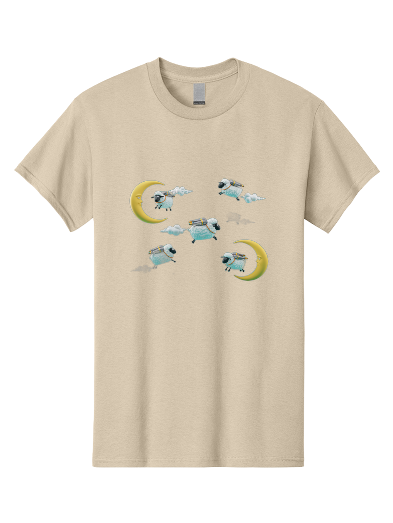 Sheep-On-Crescent-Moon-1 Men'S Graphic Tee, 100% Cotton, Comfortable Casual Summer Wear, Machine Washable, Sheep Flying On Clouds, Crescent Moon, Drums, Fun, Quirky, Cartoon Style, Fantasy Creatures, Playful Design, Dreamy Atmosphere, Bad555