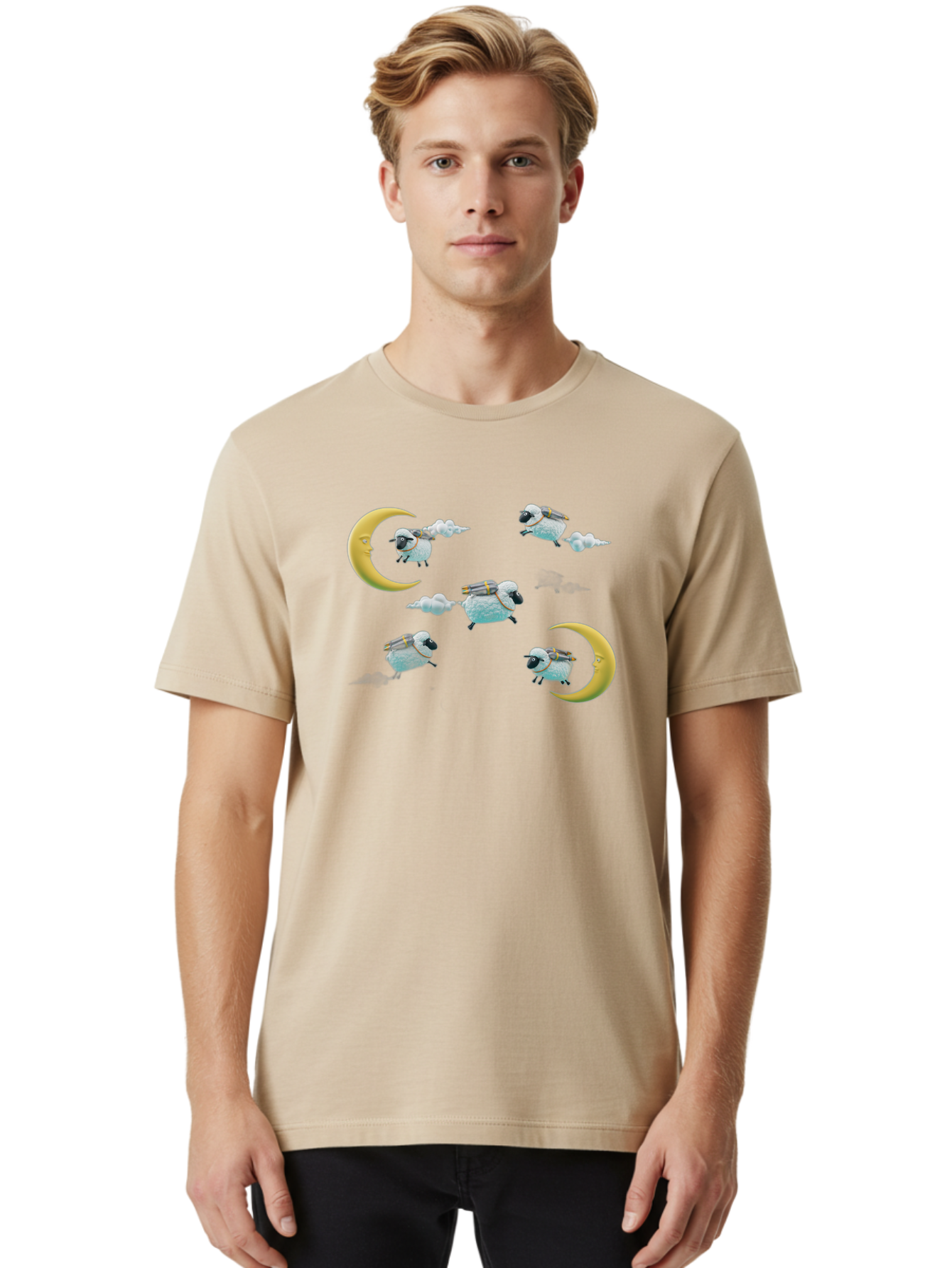 Sheep-On-Crescent-Moon-1 Men'S Graphic Tee, 100% Cotton, Comfortable Casual Summer Wear, Machine Washable, Sheep Flying On Clouds, Crescent Moon, Drums, Fun, Quirky, Cartoon Style, Fantasy Creatures, Playful Design, Dreamy Atmosphere, Bad555