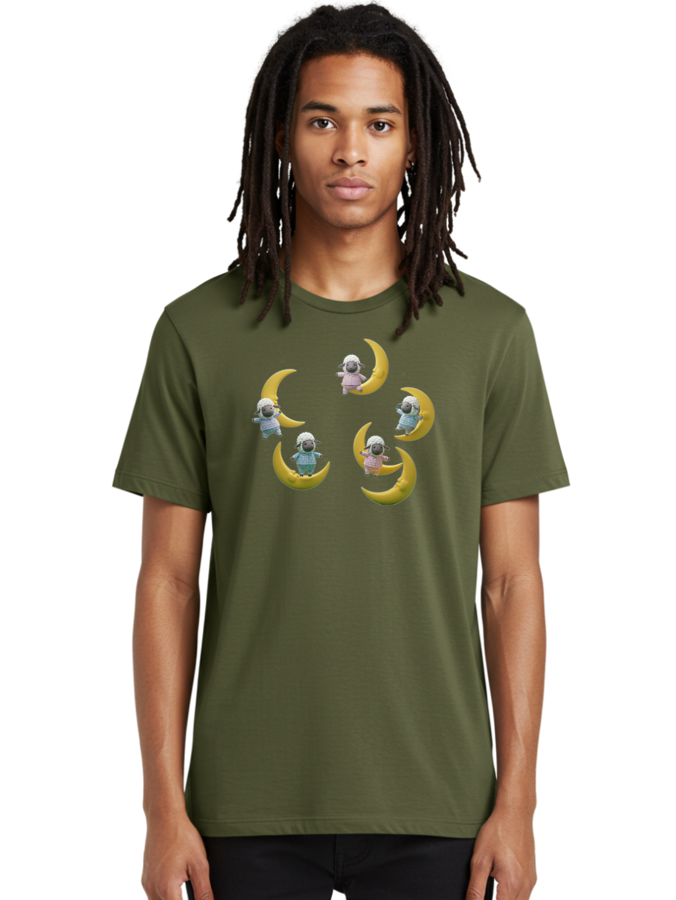 Sheep-On-Crescent-Moon Men'S Graphic Tee, 100% Cotton, Comfortable Casual Summer Wear, Machine Washable, Sheep On Crescent Moon, Cute Sheep, Whimsical Illustration, Playful Design, Childrens Art, Fantasy Scene, Dreamy Atmosphere, Pastel Colors Bad556