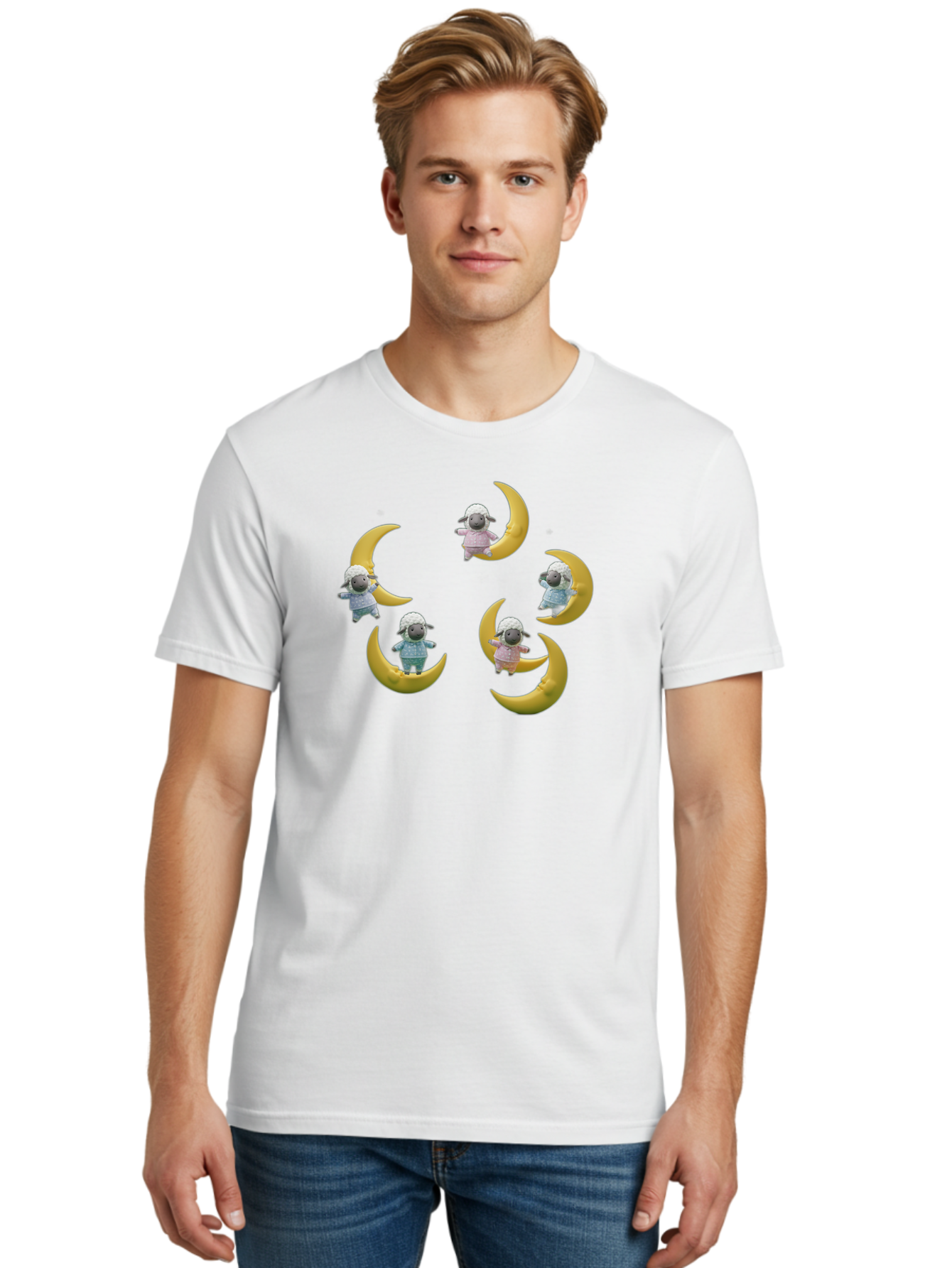 Sheep-On-Crescent-Moon Men'S Graphic Tee, 100% Cotton, Comfortable Casual Summer Wear, Machine Washable, Sheep On Crescent Moon, Cute Sheep, Whimsical Illustration, Playful Design, Childrens Art, Fantasy Scene, Dreamy Atmosphere, Pastel Colors Bad556