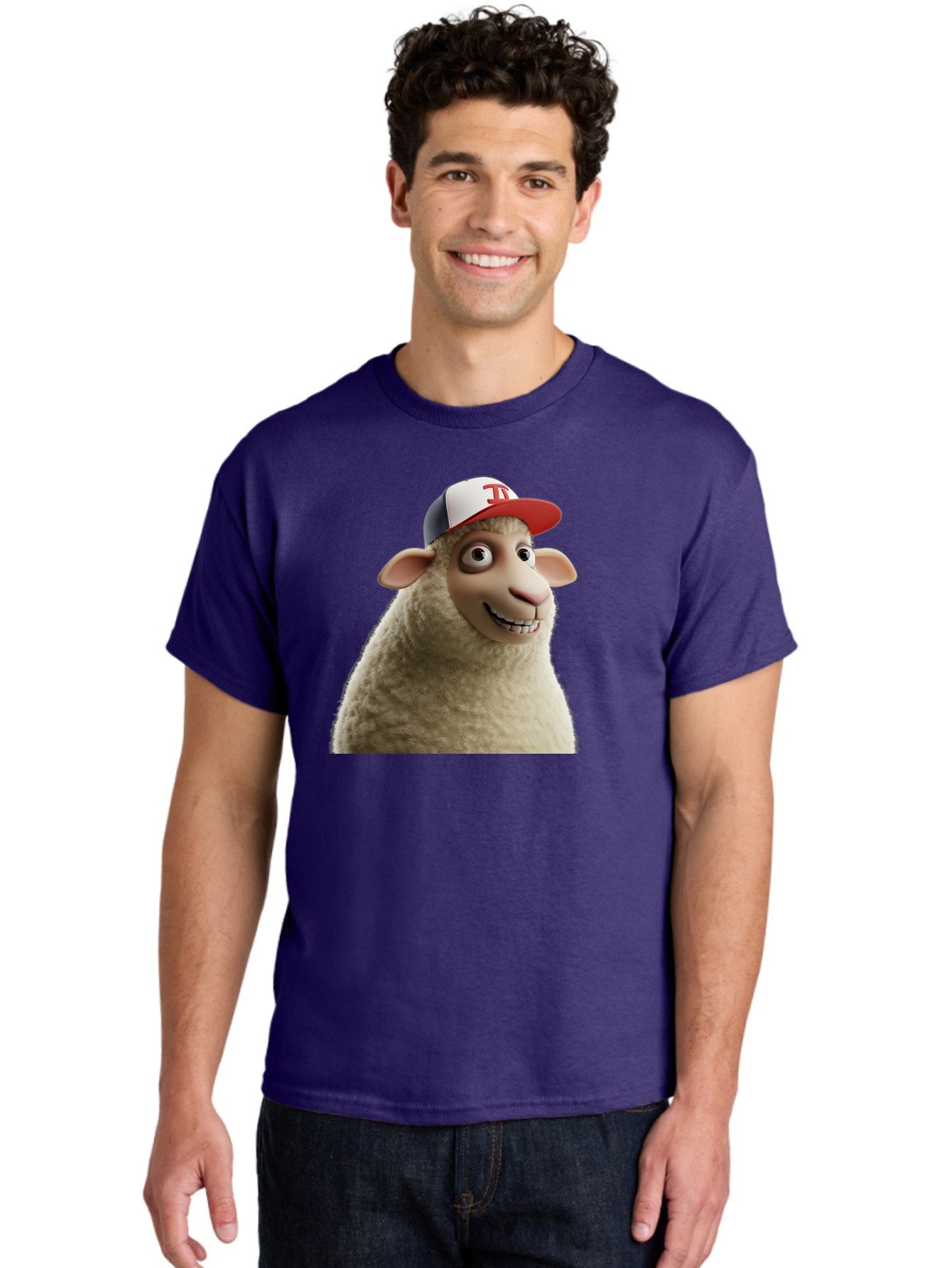 Sheep-Wearing-Baseball-Cap Men'S Graphic Tee, 100% Cotton, Comfortable Casual Summer Wear, Machine Washable, Cartoon Sheep, Sheep Character, Funny Animal, Comedic Cartoon, Baseball Cap, Animated Animal, Humorous Character, White Sheep, Tj Logo Bad558