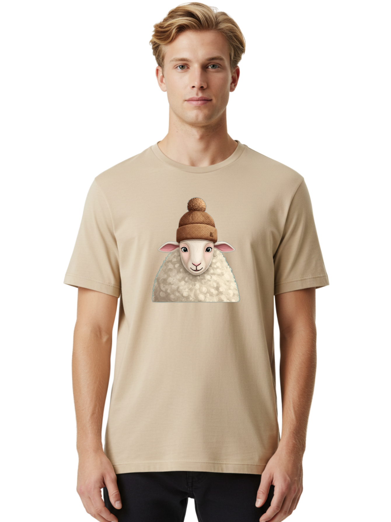 Sheep-With-Beanie Men'S Graphic Tee, 100% Cotton, Comfortable Casual Summer Wear, Machine Washable, Cartoon Sheep, Fluffy Sheep, Sheep Wearing Beanie, Winter Accessories, Cute Animal, Sheep Character, Playful Illustration, Sheep In Hat Bad559