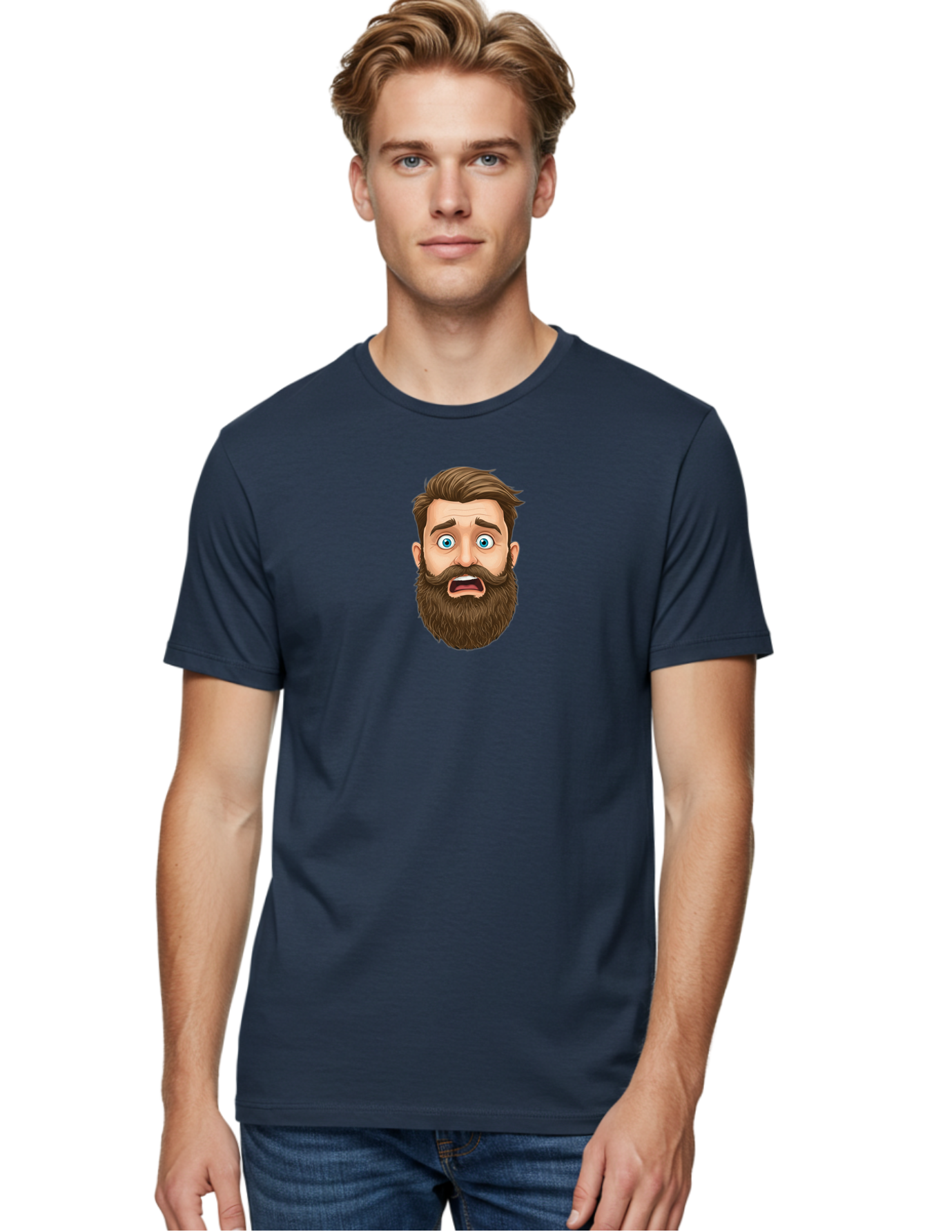 Shocked-Bearded-Man Men'S Graphic Tee, 100% Cotton, Comfortable Casual Summer Wear, Machine Washable, Shocked Facial Expression, Surprised Cartoon Character, Blue-Eyed Man, Brown Hair And Beard, Mouth Agape, Shocked Emoji, Bad560
