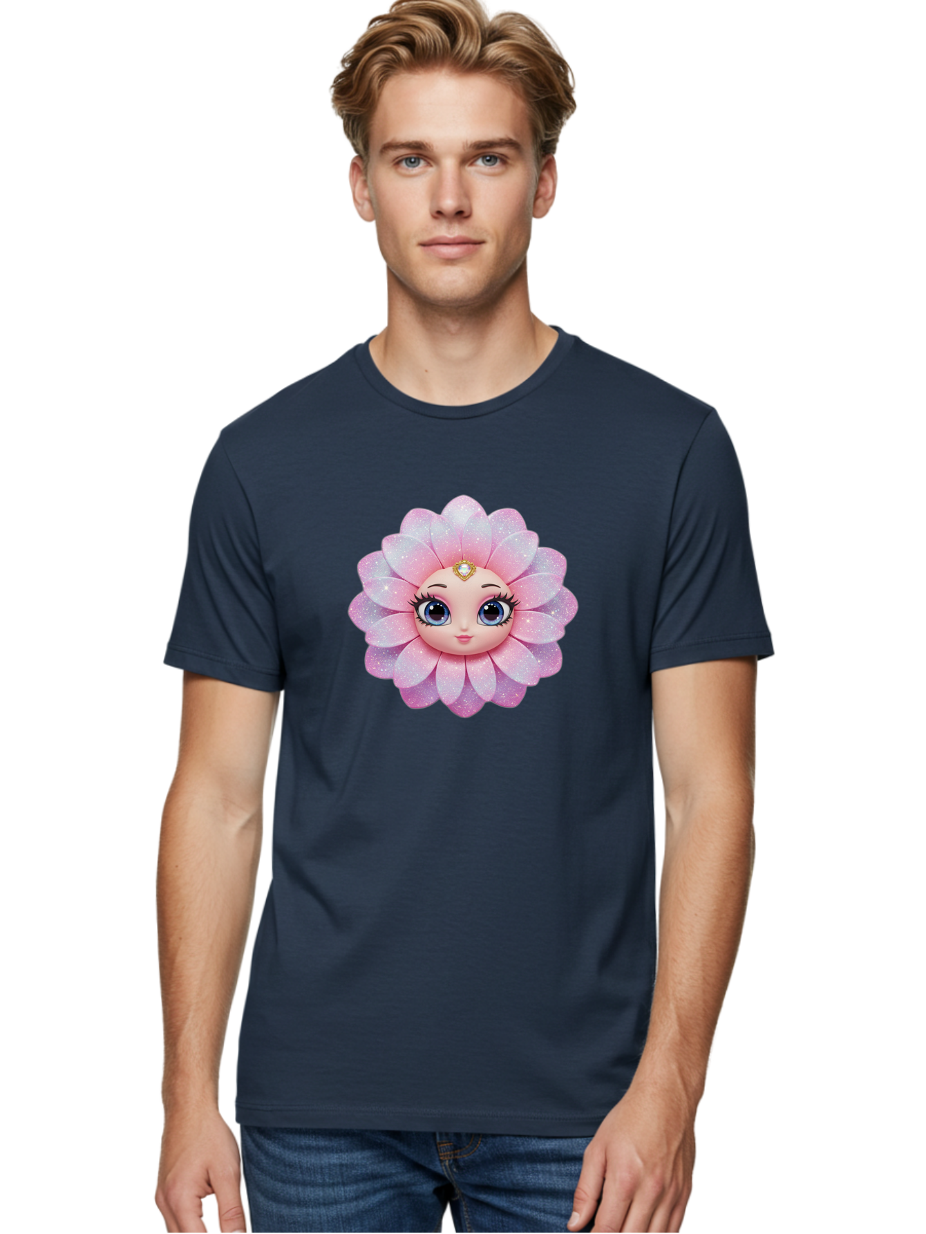 Shopkins-Petal-Blossom Men'S Graphic Tee, 100% Cotton, Comfortable Casual Summer Wear, Machine Washable, L.O.L. Surprise! Doll, Petal Character, Pink Flower, Glittery Petals, Blue Eyes, Mascara Eyelashes, Gemstone Tiara, Cute Face, Bad563