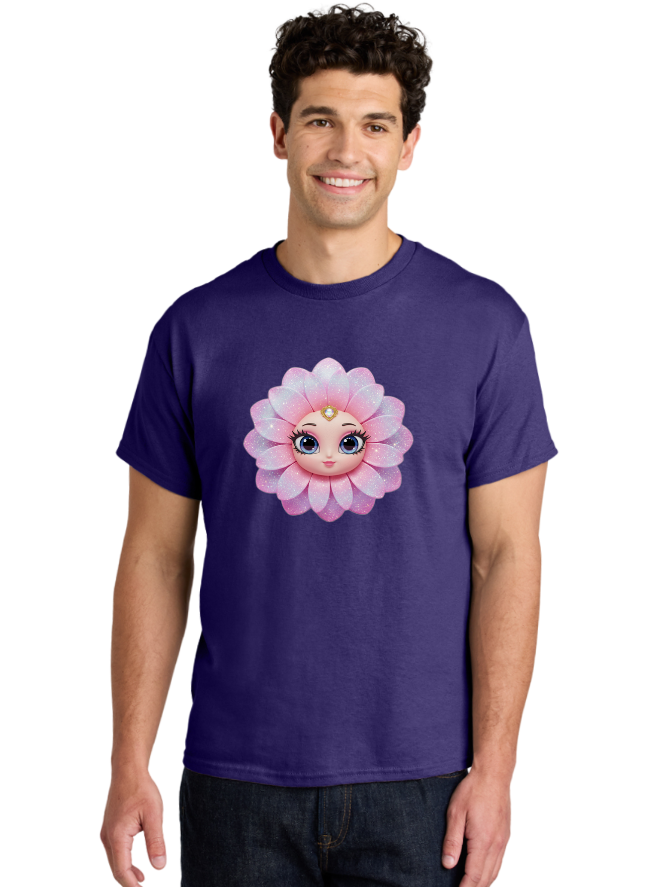 Shopkins-Petal-Blossom Men'S Graphic Tee, 100% Cotton, Comfortable Casual Summer Wear, Machine Washable, L.O.L. Surprise! Doll, Petal Character, Pink Flower, Glittery Petals, Blue Eyes, Mascara Eyelashes, Gemstone Tiara, Cute Face, Bad563