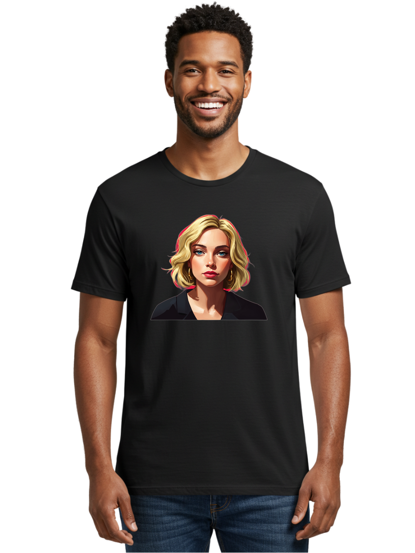 Sienna-Miller-Portrait Men'S Graphic Tee, 100% Cotton, Comfortable Casual Summer Wear, Machine Washable, Blonde Hair, Blue Eyes, Red Lipstick, Gold Hoop Earrings, Black Shirt, Digital Art, Modern Style, Young Woman, Stylish Look, Bad565