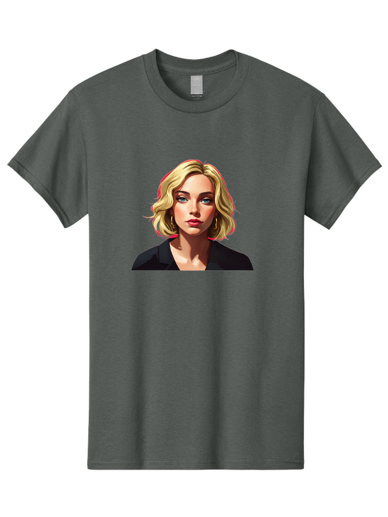 Sienna-Miller-Portrait Men'S Graphic Tee, 100% Cotton, Comfortable Casual Summer Wear, Machine Washable, Blonde Hair, Blue Eyes, Red Lipstick, Gold Hoop Earrings, Black Shirt, Digital Art, Modern Style, Young Woman, Stylish Look, Bad565