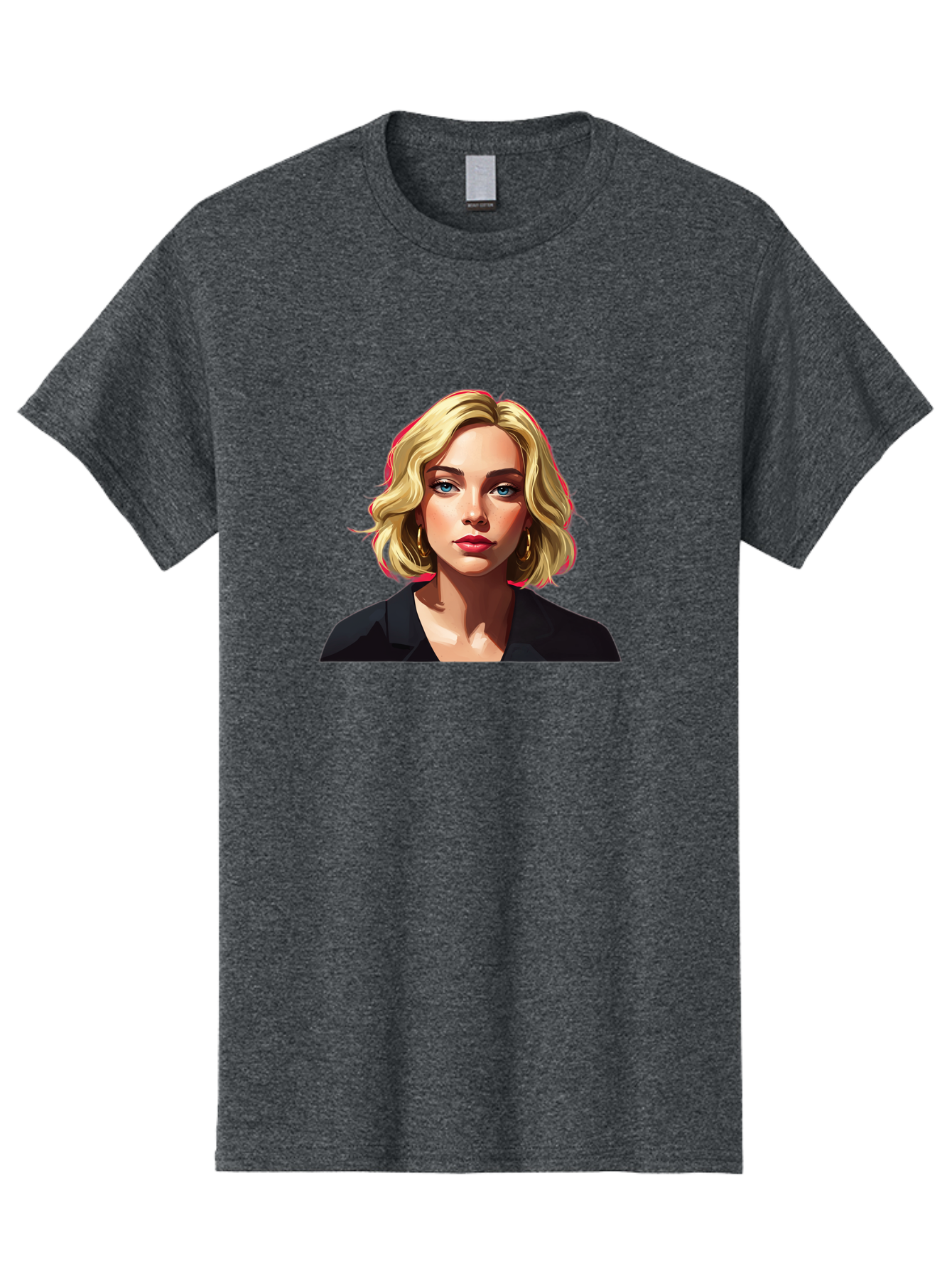 Sienna-Miller-Portrait Men'S Graphic Tee, 100% Cotton, Comfortable Casual Summer Wear, Machine Washable, Blonde Hair, Blue Eyes, Red Lipstick, Gold Hoop Earrings, Black Shirt, Digital Art, Modern Style, Young Woman, Stylish Look, Bad565