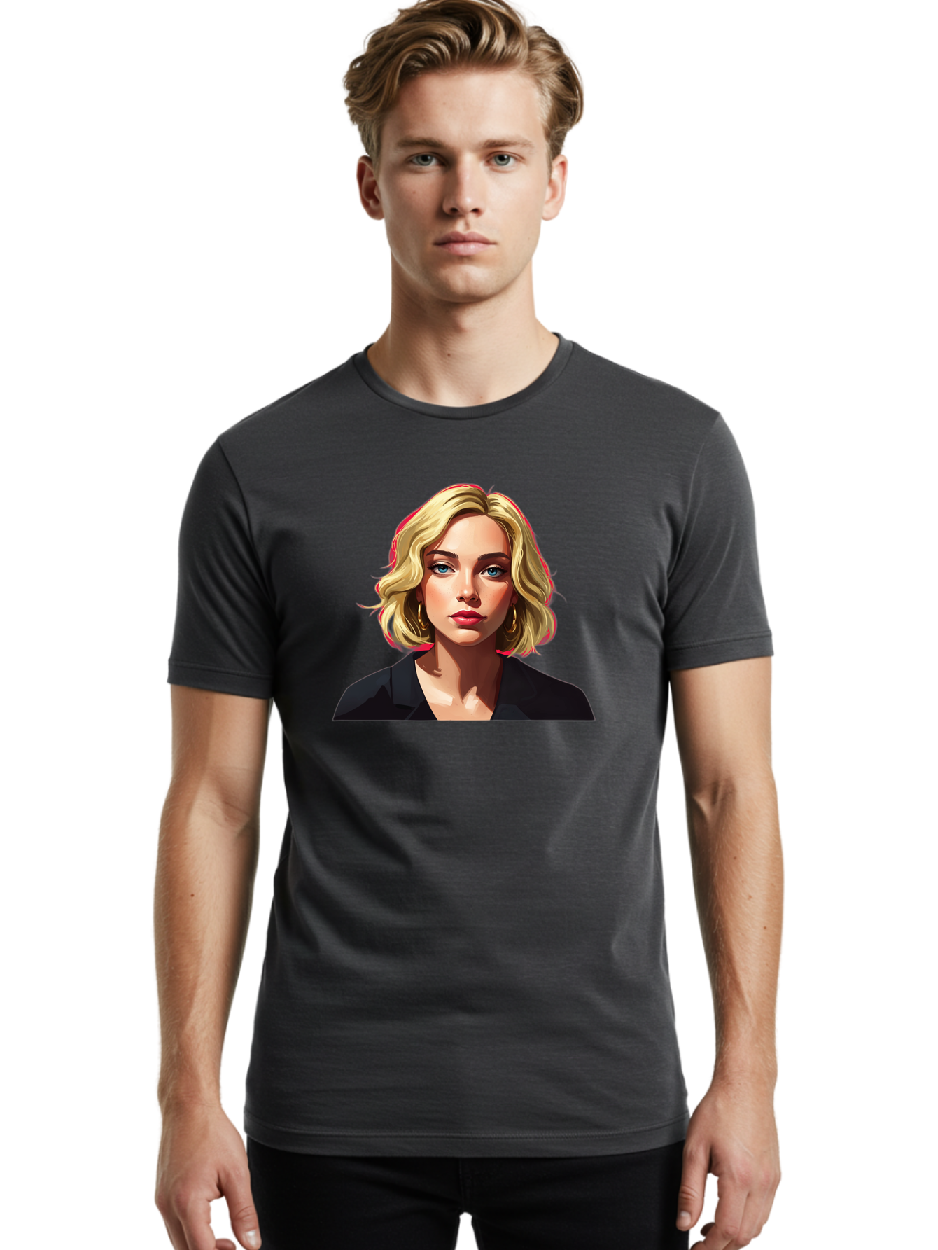 Sienna-Miller-Portrait Men'S Graphic Tee, 100% Cotton, Comfortable Casual Summer Wear, Machine Washable, Blonde Hair, Blue Eyes, Red Lipstick, Gold Hoop Earrings, Black Shirt, Digital Art, Modern Style, Young Woman, Stylish Look, Bad565