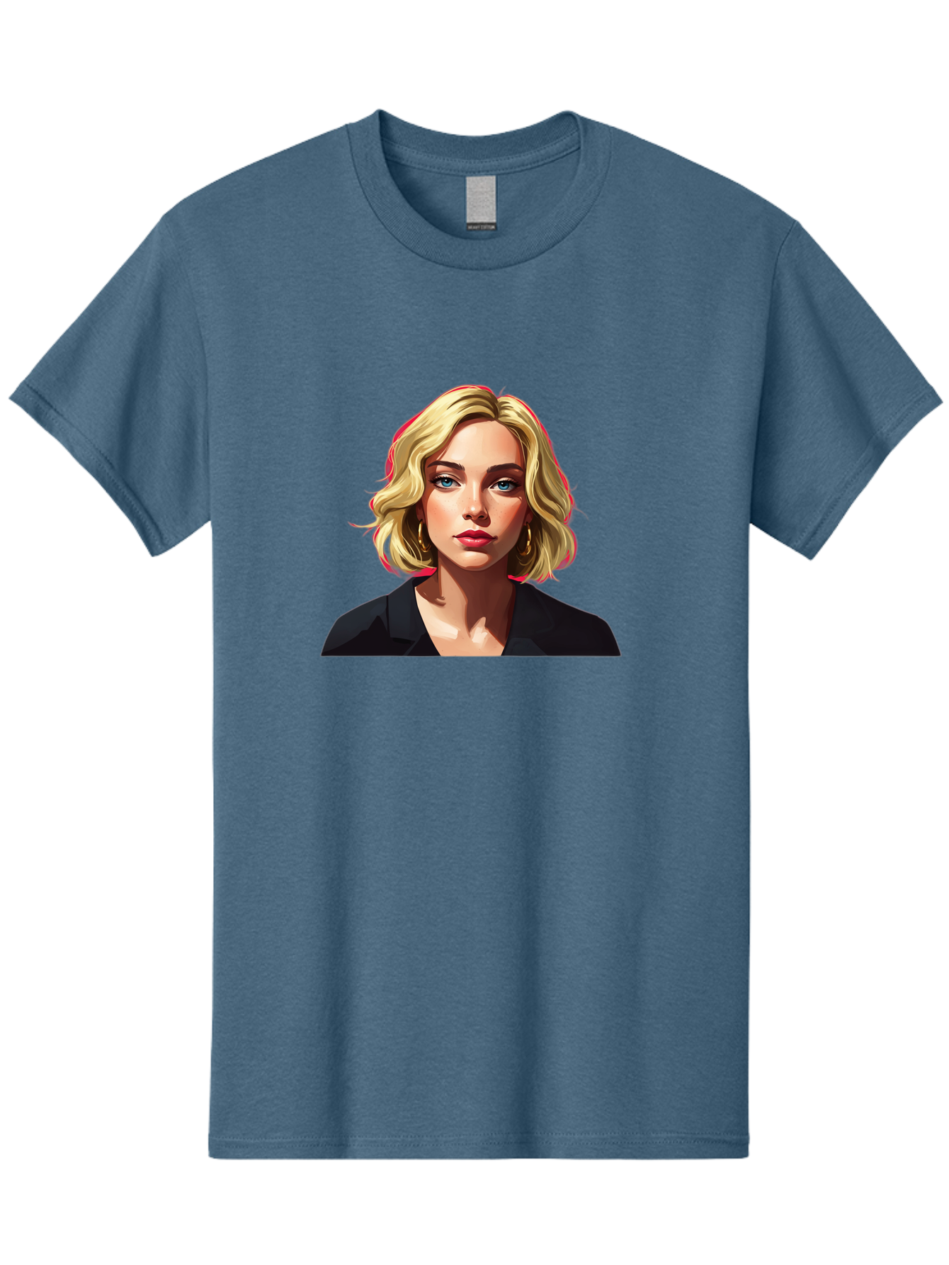 Sienna-Miller-Portrait Men'S Graphic Tee, 100% Cotton, Comfortable Casual Summer Wear, Machine Washable, Blonde Hair, Blue Eyes, Red Lipstick, Gold Hoop Earrings, Black Shirt, Digital Art, Modern Style, Young Woman, Stylish Look, Bad565