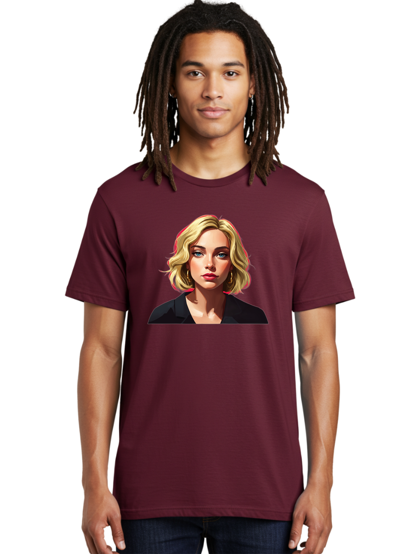 Sienna-Miller-Portrait Men'S Graphic Tee, 100% Cotton, Comfortable Casual Summer Wear, Machine Washable, Blonde Hair, Blue Eyes, Red Lipstick, Gold Hoop Earrings, Black Shirt, Digital Art, Modern Style, Young Woman, Stylish Look, Bad565