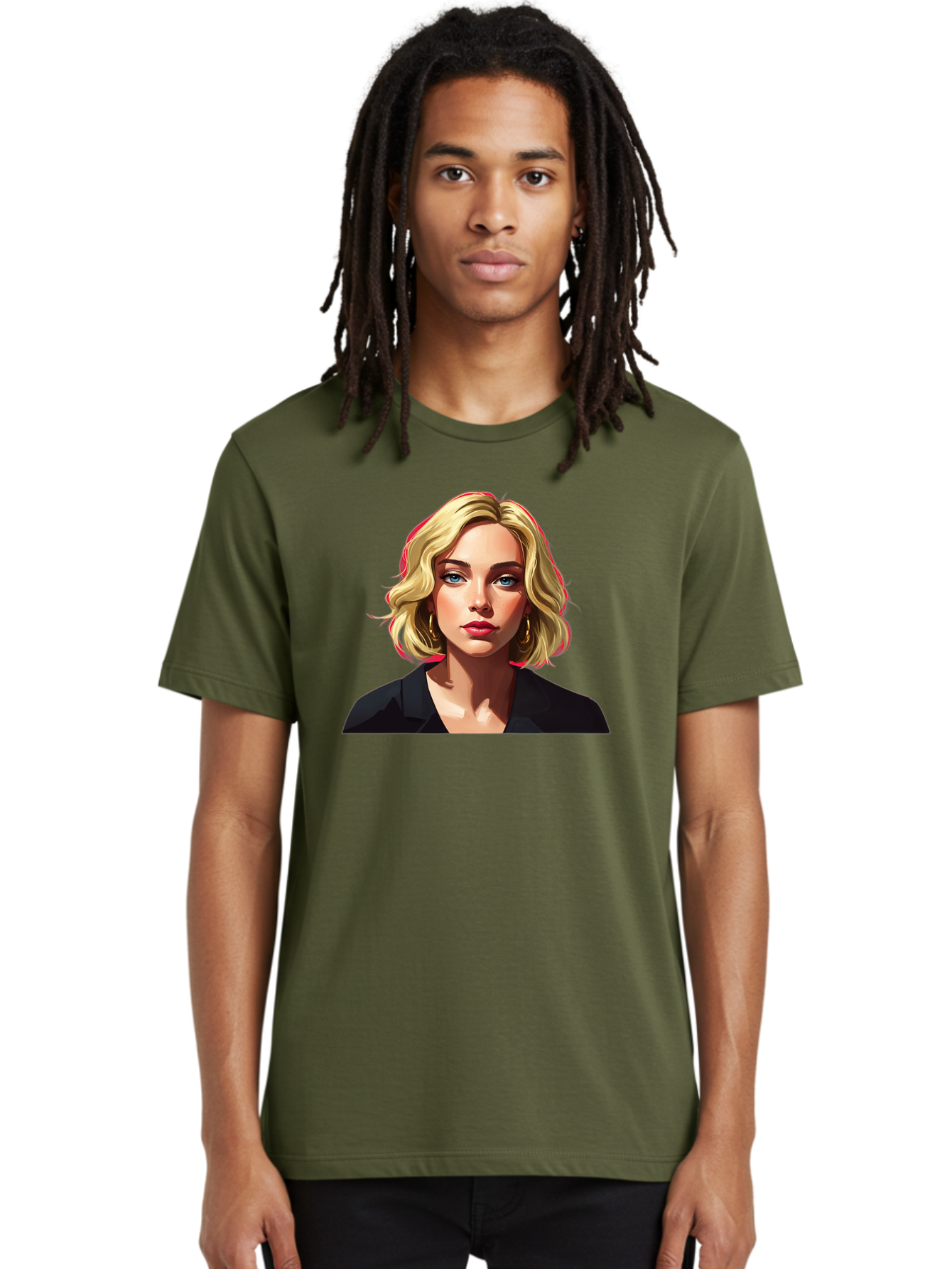 Sienna-Miller-Portrait Men'S Graphic Tee, 100% Cotton, Comfortable Casual Summer Wear, Machine Washable, Blonde Hair, Blue Eyes, Red Lipstick, Gold Hoop Earrings, Black Shirt, Digital Art, Modern Style, Young Woman, Stylish Look, Bad565