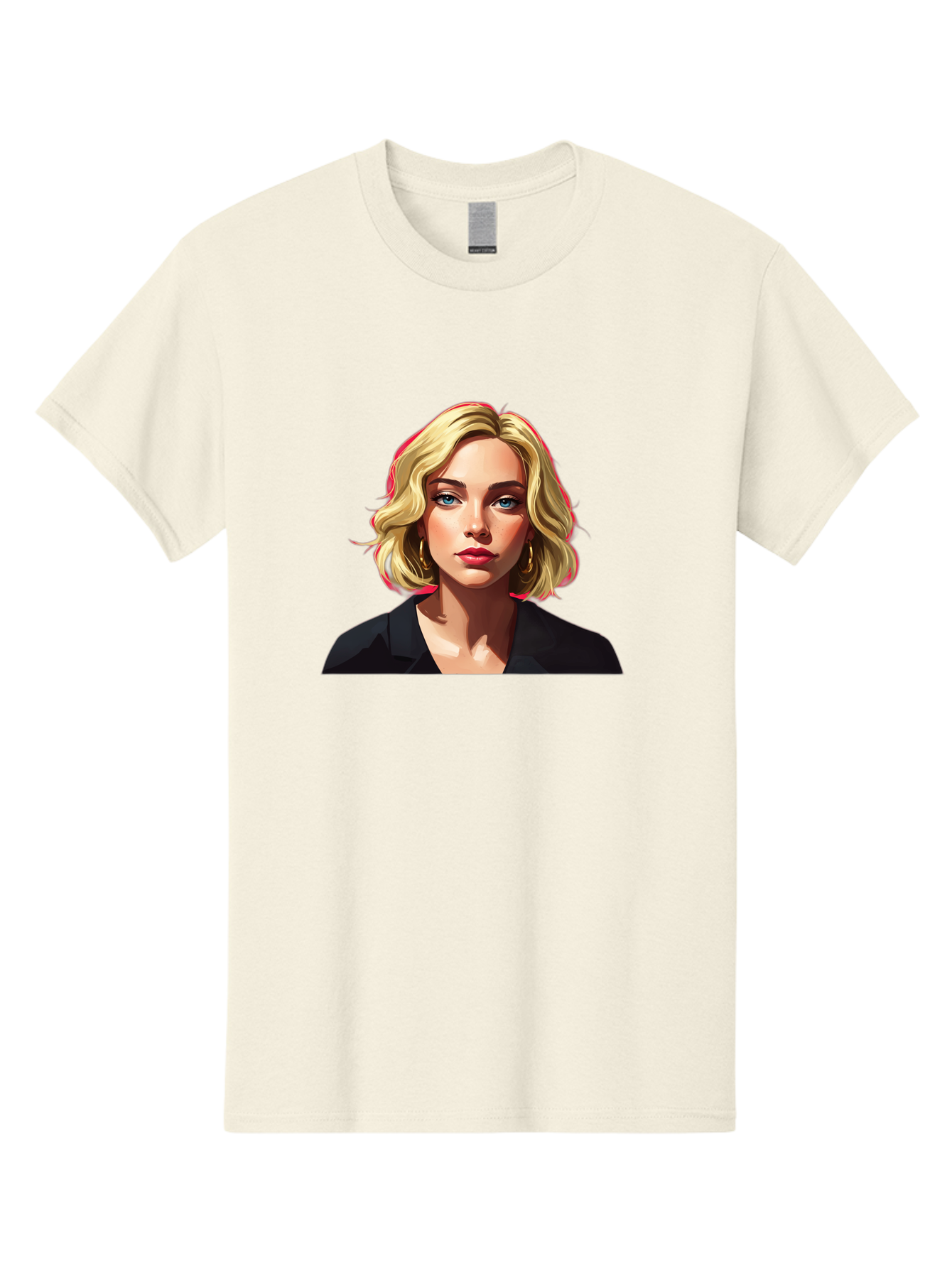 Sienna-Miller-Portrait Men'S Graphic Tee, 100% Cotton, Comfortable Casual Summer Wear, Machine Washable, Blonde Hair, Blue Eyes, Red Lipstick, Gold Hoop Earrings, Black Shirt, Digital Art, Modern Style, Young Woman, Stylish Look, Bad565