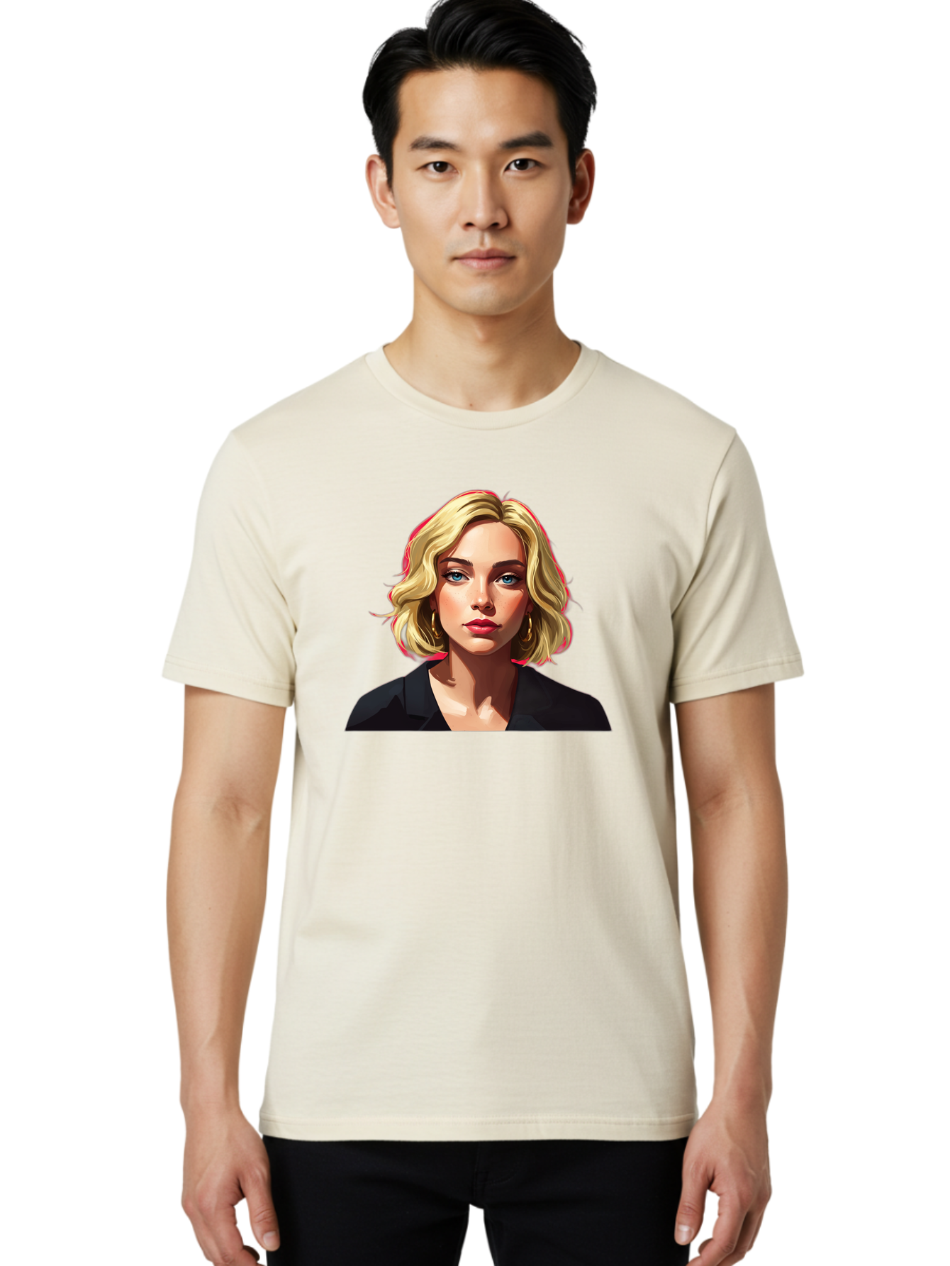 Sienna-Miller-Portrait Men'S Graphic Tee, 100% Cotton, Comfortable Casual Summer Wear, Machine Washable, Blonde Hair, Blue Eyes, Red Lipstick, Gold Hoop Earrings, Black Shirt, Digital Art, Modern Style, Young Woman, Stylish Look, Bad565