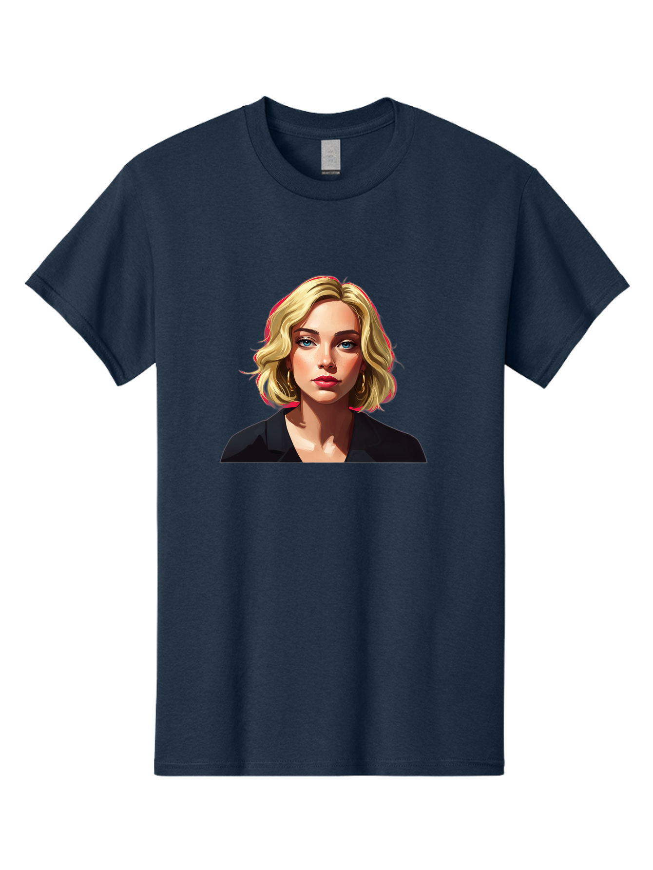 Sienna-Miller-Portrait Men'S Graphic Tee, 100% Cotton, Comfortable Casual Summer Wear, Machine Washable, Blonde Hair, Blue Eyes, Red Lipstick, Gold Hoop Earrings, Black Shirt, Digital Art, Modern Style, Young Woman, Stylish Look, Bad565