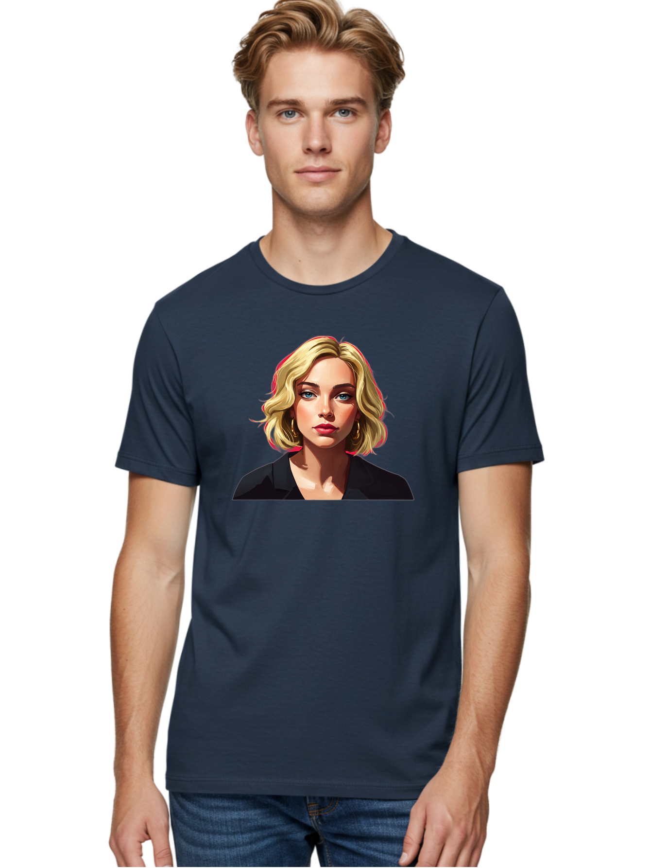 Sienna-Miller-Portrait Men'S Graphic Tee, 100% Cotton, Comfortable Casual Summer Wear, Machine Washable, Blonde Hair, Blue Eyes, Red Lipstick, Gold Hoop Earrings, Black Shirt, Digital Art, Modern Style, Young Woman, Stylish Look, Bad565
