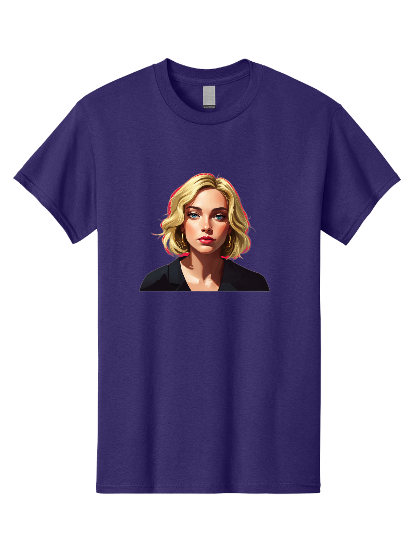 Sienna-Miller-Portrait Men'S Graphic Tee, 100% Cotton, Comfortable Casual Summer Wear, Machine Washable, Blonde Hair, Blue Eyes, Red Lipstick, Gold Hoop Earrings, Black Shirt, Digital Art, Modern Style, Young Woman, Stylish Look, Bad565