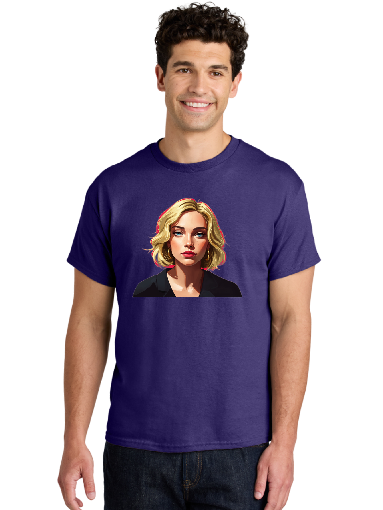 Sienna-Miller-Portrait Men'S Graphic Tee, 100% Cotton, Comfortable Casual Summer Wear, Machine Washable, Blonde Hair, Blue Eyes, Red Lipstick, Gold Hoop Earrings, Black Shirt, Digital Art, Modern Style, Young Woman, Stylish Look, Bad565
