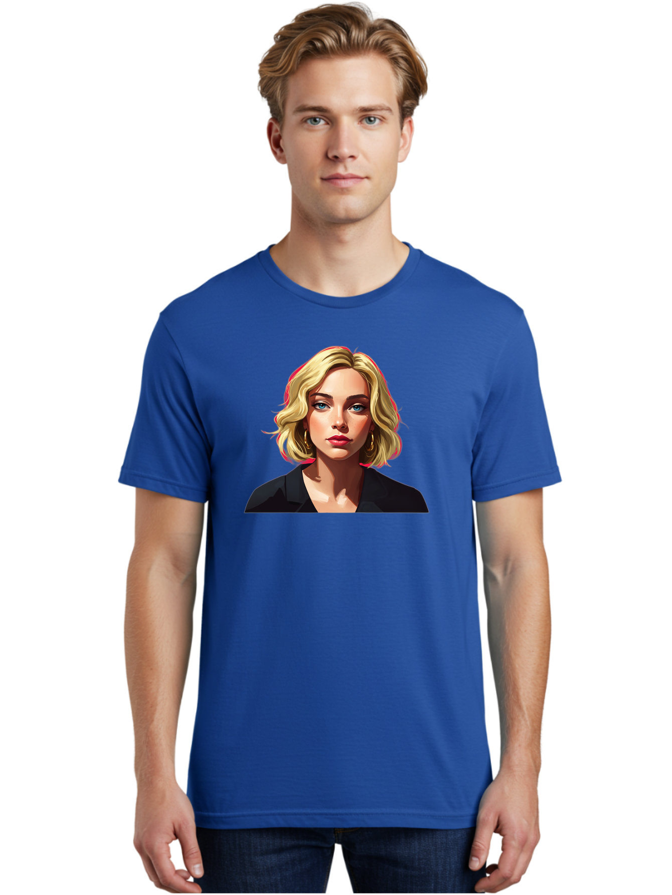 Sienna-Miller-Portrait Men'S Graphic Tee, 100% Cotton, Comfortable Casual Summer Wear, Machine Washable, Blonde Hair, Blue Eyes, Red Lipstick, Gold Hoop Earrings, Black Shirt, Digital Art, Modern Style, Young Woman, Stylish Look, Bad565