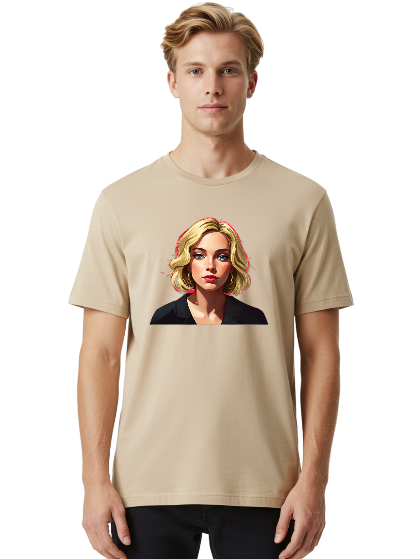 Sienna-Miller-Portrait Men'S Graphic Tee, 100% Cotton, Comfortable Casual Summer Wear, Machine Washable, Blonde Hair, Blue Eyes, Red Lipstick, Gold Hoop Earrings, Black Shirt, Digital Art, Modern Style, Young Woman, Stylish Look, Bad565