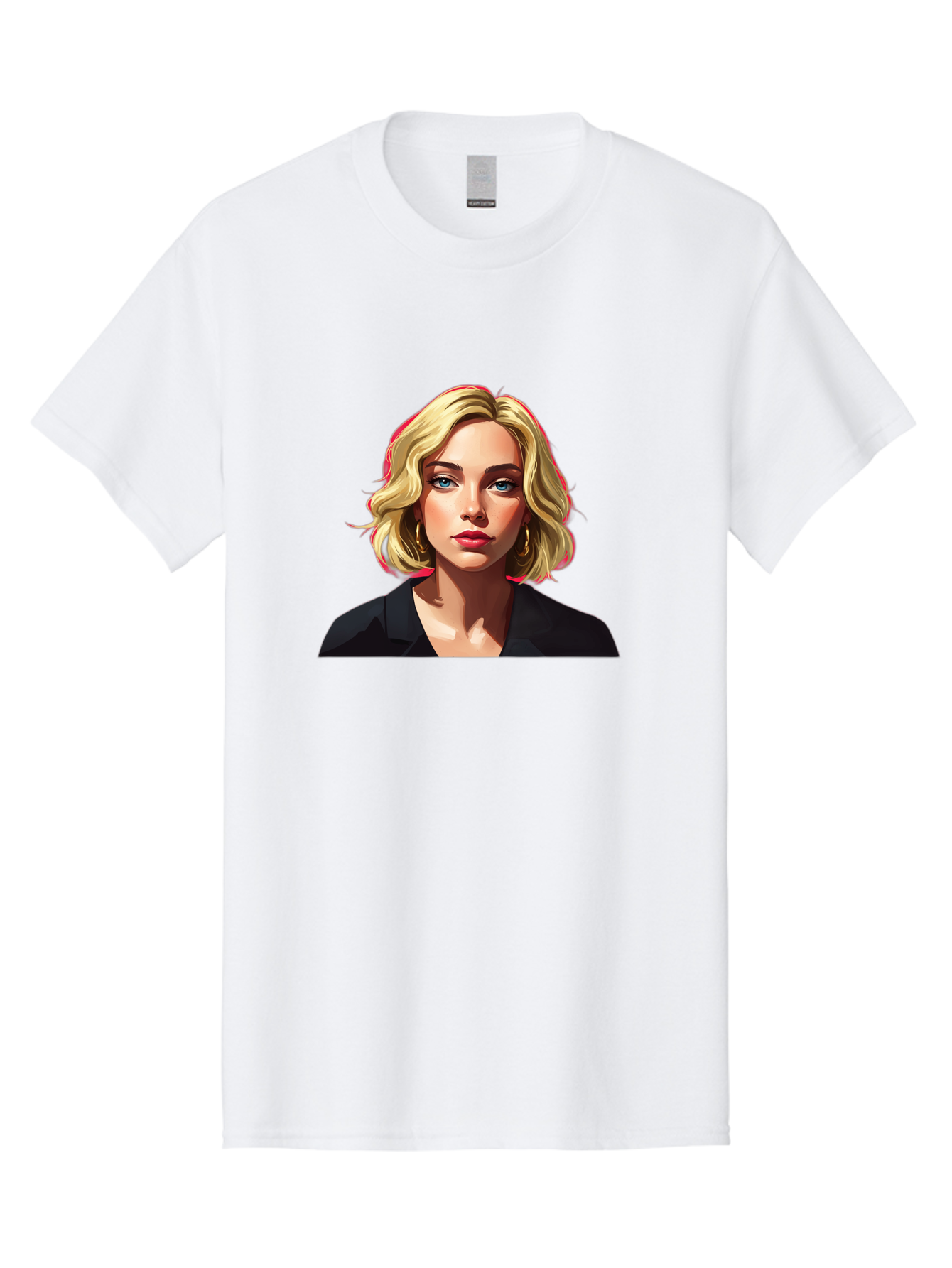 Sienna-Miller-Portrait Men'S Graphic Tee, 100% Cotton, Comfortable Casual Summer Wear, Machine Washable, Blonde Hair, Blue Eyes, Red Lipstick, Gold Hoop Earrings, Black Shirt, Digital Art, Modern Style, Young Woman, Stylish Look, Bad565