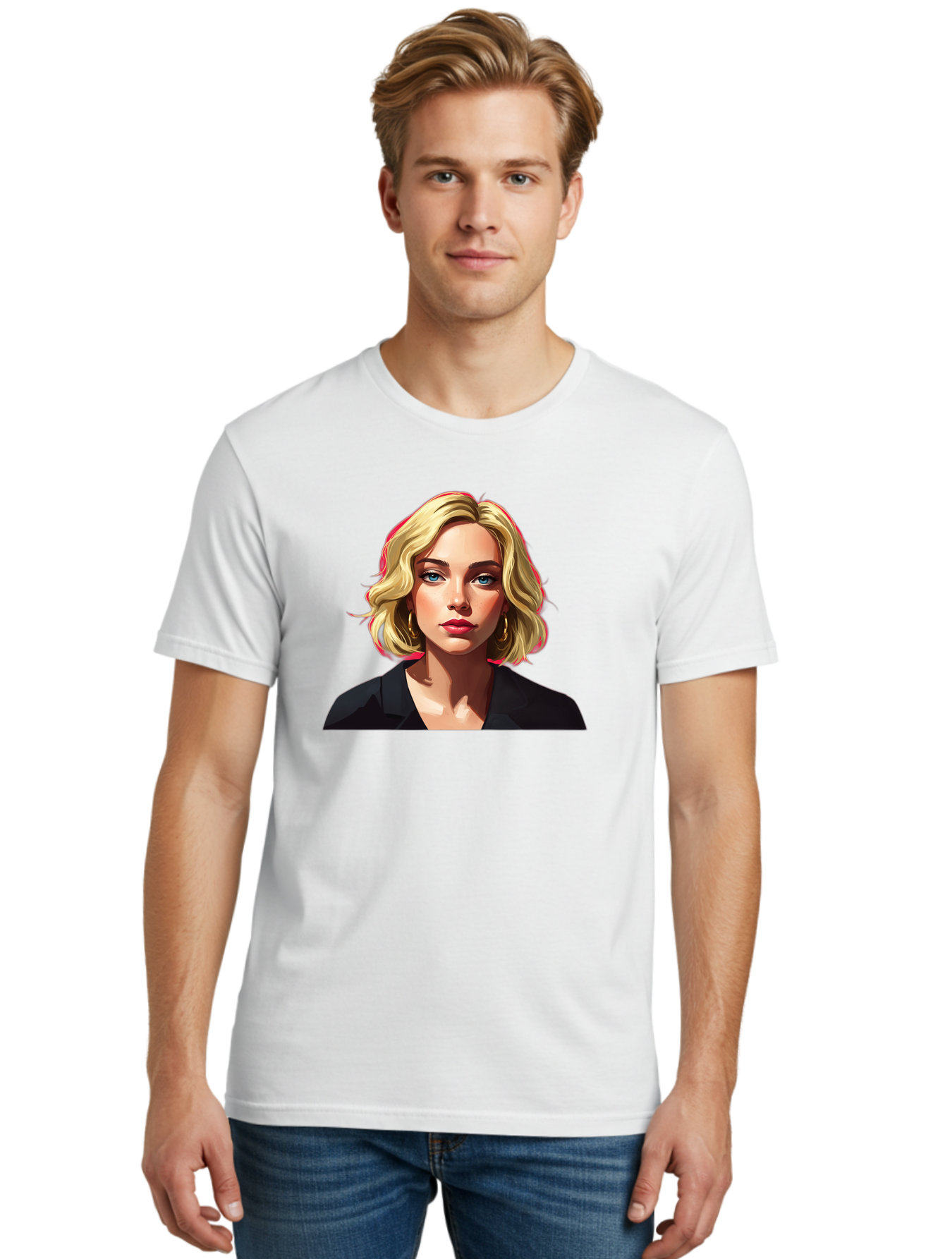 Sienna-Miller-Portrait Men'S Graphic Tee, 100% Cotton, Comfortable Casual Summer Wear, Machine Washable, Blonde Hair, Blue Eyes, Red Lipstick, Gold Hoop Earrings, Black Shirt, Digital Art, Modern Style, Young Woman, Stylish Look, Bad565