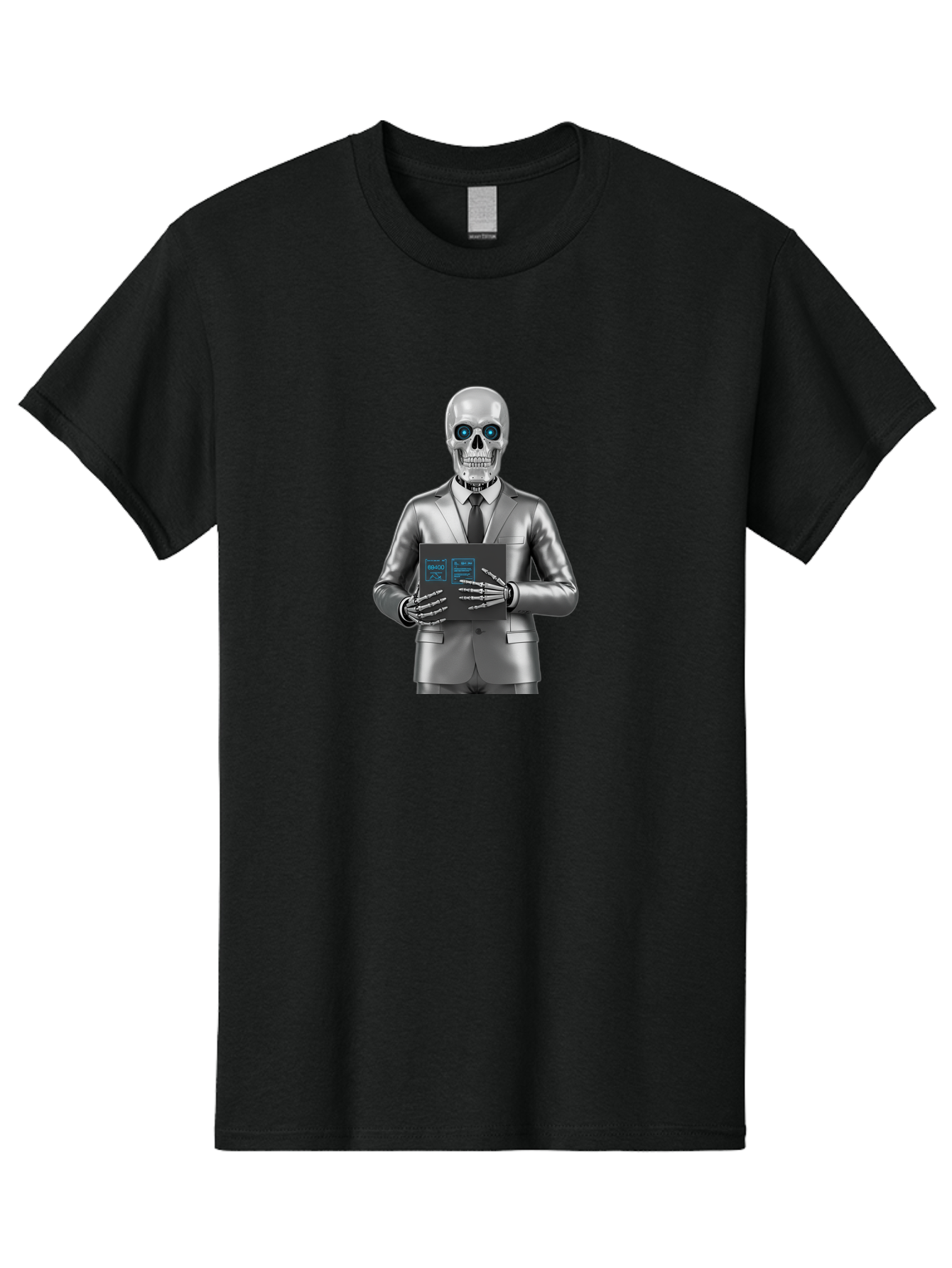Silver-Skeleton Men'S Graphic Tee, 100% Cotton, Comfortable Casual Summer Wear, Machine Washable, Silver Skeleton In Suit, Futuristic Business Attire, Skeletal Businessman, Chrome Finish, Blue Glowing Eyes, Black Tie, Black Tech Tablet, Bad566