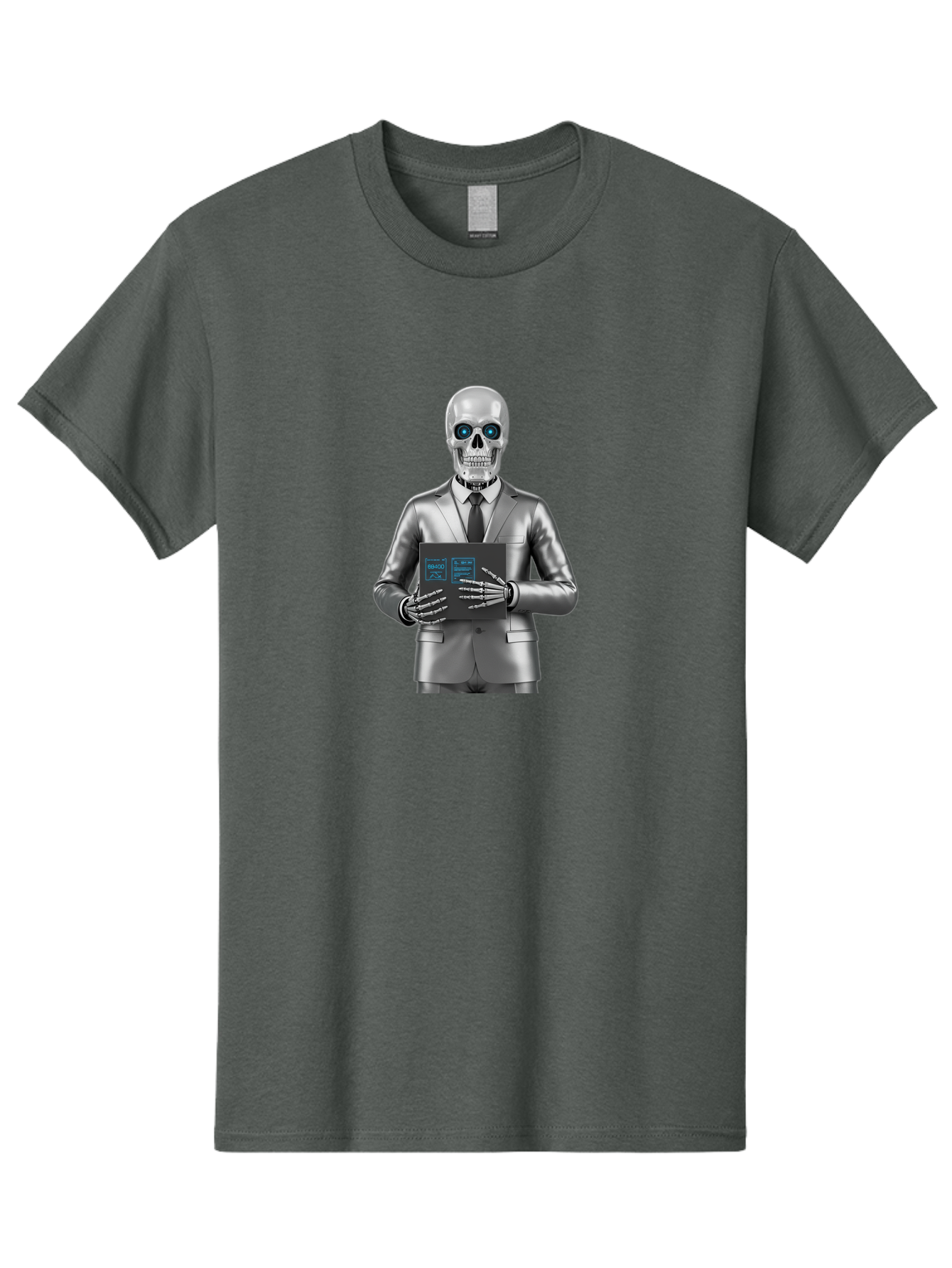 Silver-Skeleton Men'S Graphic Tee, 100% Cotton, Comfortable Casual Summer Wear, Machine Washable, Silver Skeleton In Suit, Futuristic Business Attire, Skeletal Businessman, Chrome Finish, Blue Glowing Eyes, Black Tie, Black Tech Tablet, Bad566