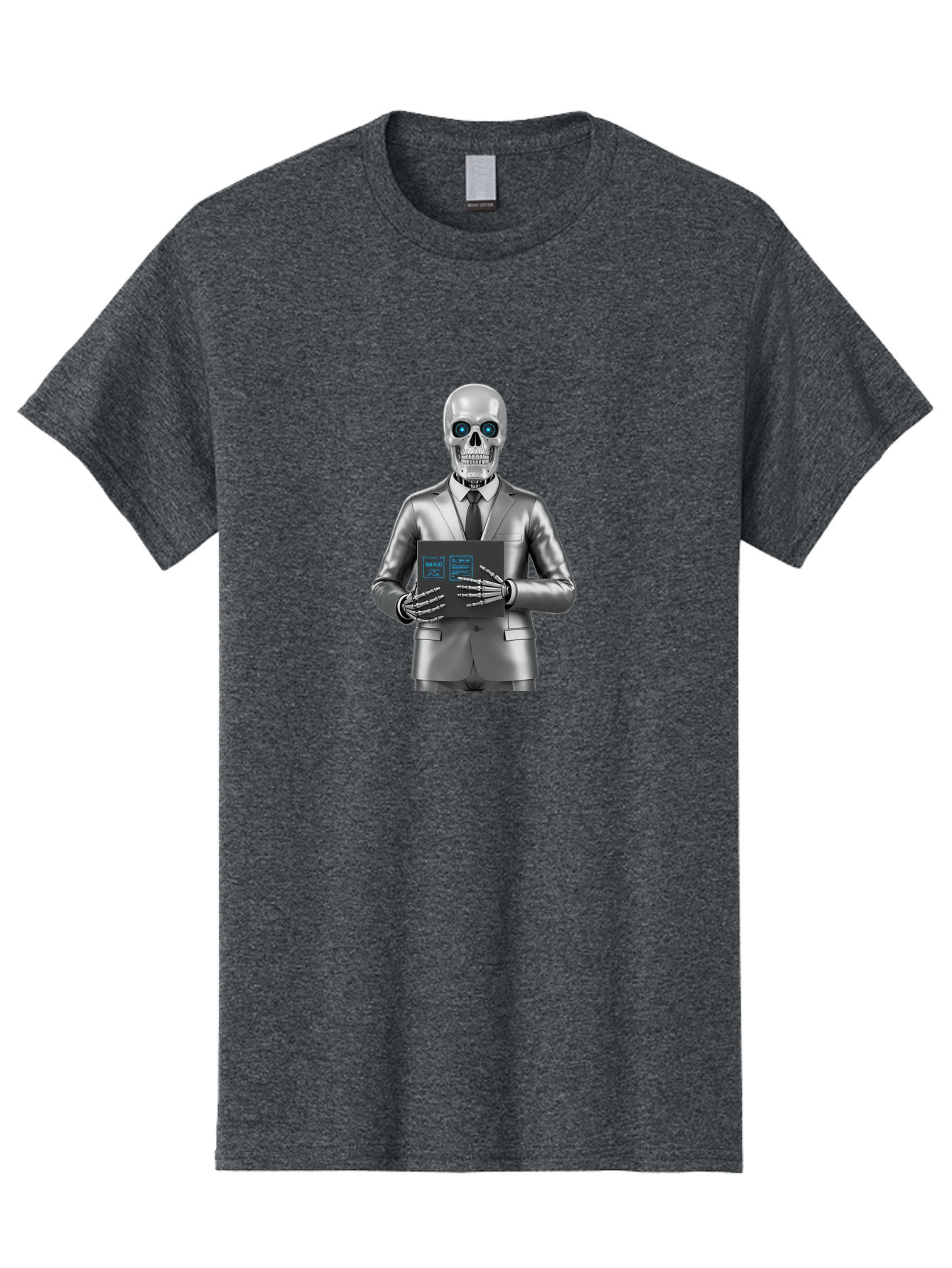 Silver-Skeleton Men'S Graphic Tee, 100% Cotton, Comfortable Casual Summer Wear, Machine Washable, Silver Skeleton In Suit, Futuristic Business Attire, Skeletal Businessman, Chrome Finish, Blue Glowing Eyes, Black Tie, Black Tech Tablet, Bad566