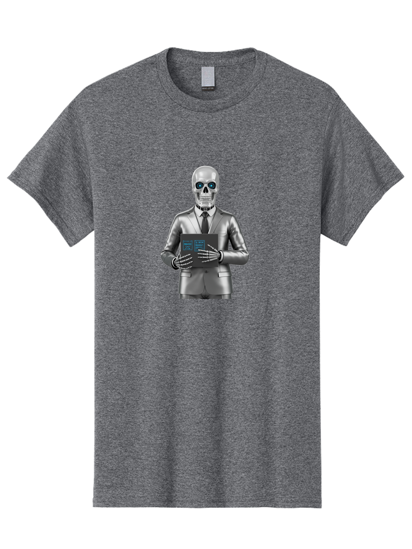 Silver-Skeleton Men'S Graphic Tee, 100% Cotton, Comfortable Casual Summer Wear, Machine Washable, Silver Skeleton In Suit, Futuristic Business Attire, Skeletal Businessman, Chrome Finish, Blue Glowing Eyes, Black Tie, Black Tech Tablet, Bad566